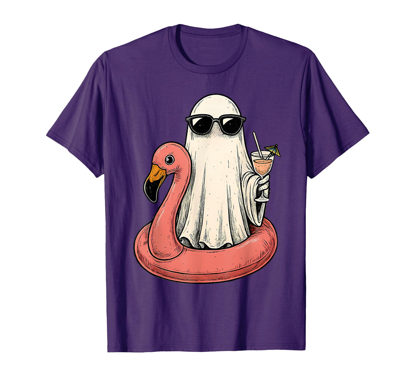 Summerween Ghost With Flamingo Floatie Womens Halloween Top T-Shirt