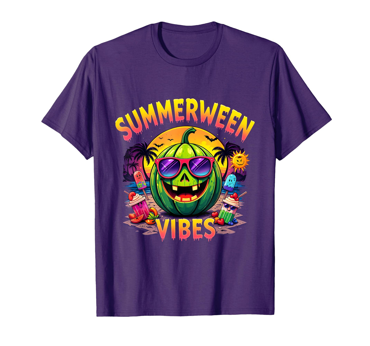 Summer Watermelon Jack-O-Lantern Summerween Vibes Skeleton T-Shirt
