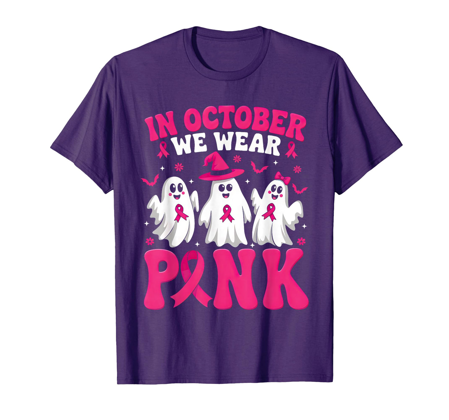 Groovy In October We Wear Pink Retro Halloween Breast Cancer T-Shirt