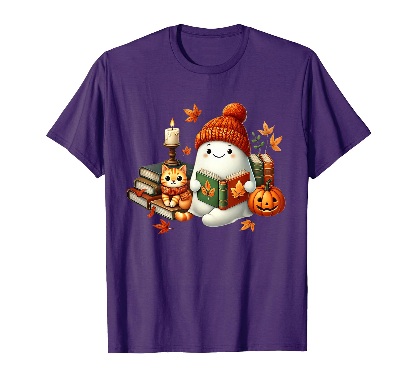 Cute Bookworm Ghost with Cat Trick or Treat Halloween Funny T-Shirt