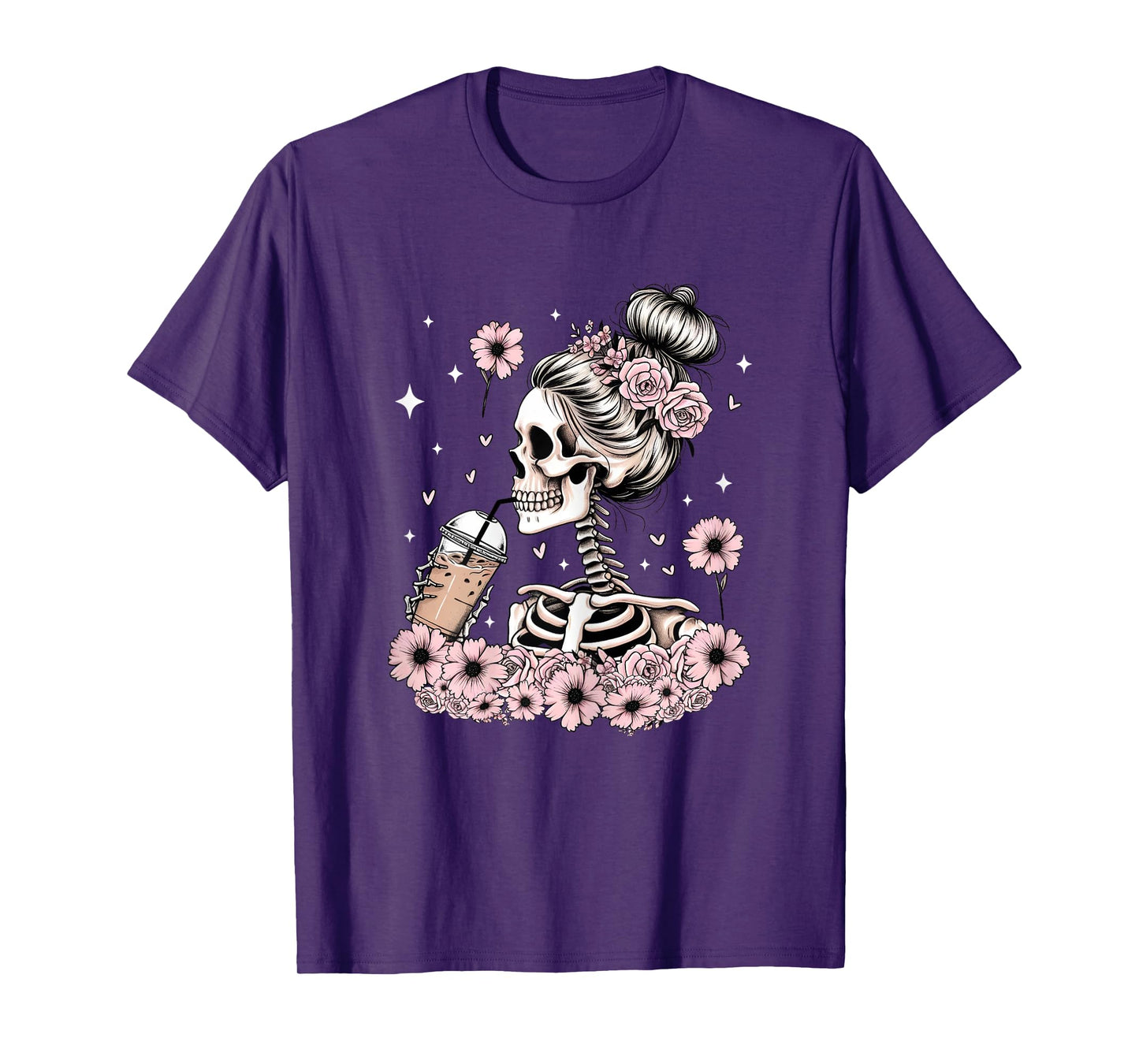 Halloween Skeleton Messy Bun Coffee Funny Costume Mom Women T-Shirt