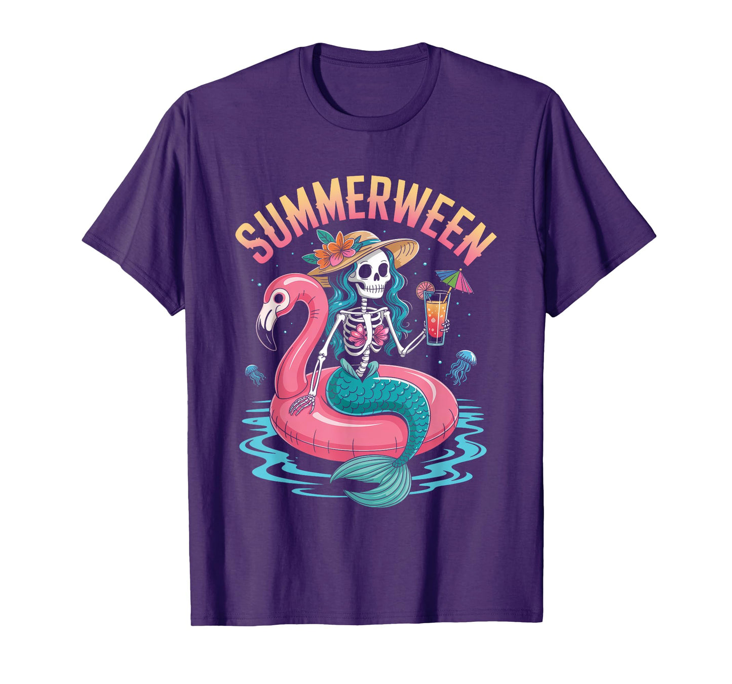 Summerween Mermaid Skeleton Beach Flamingo Halloween Girl T-Shirt