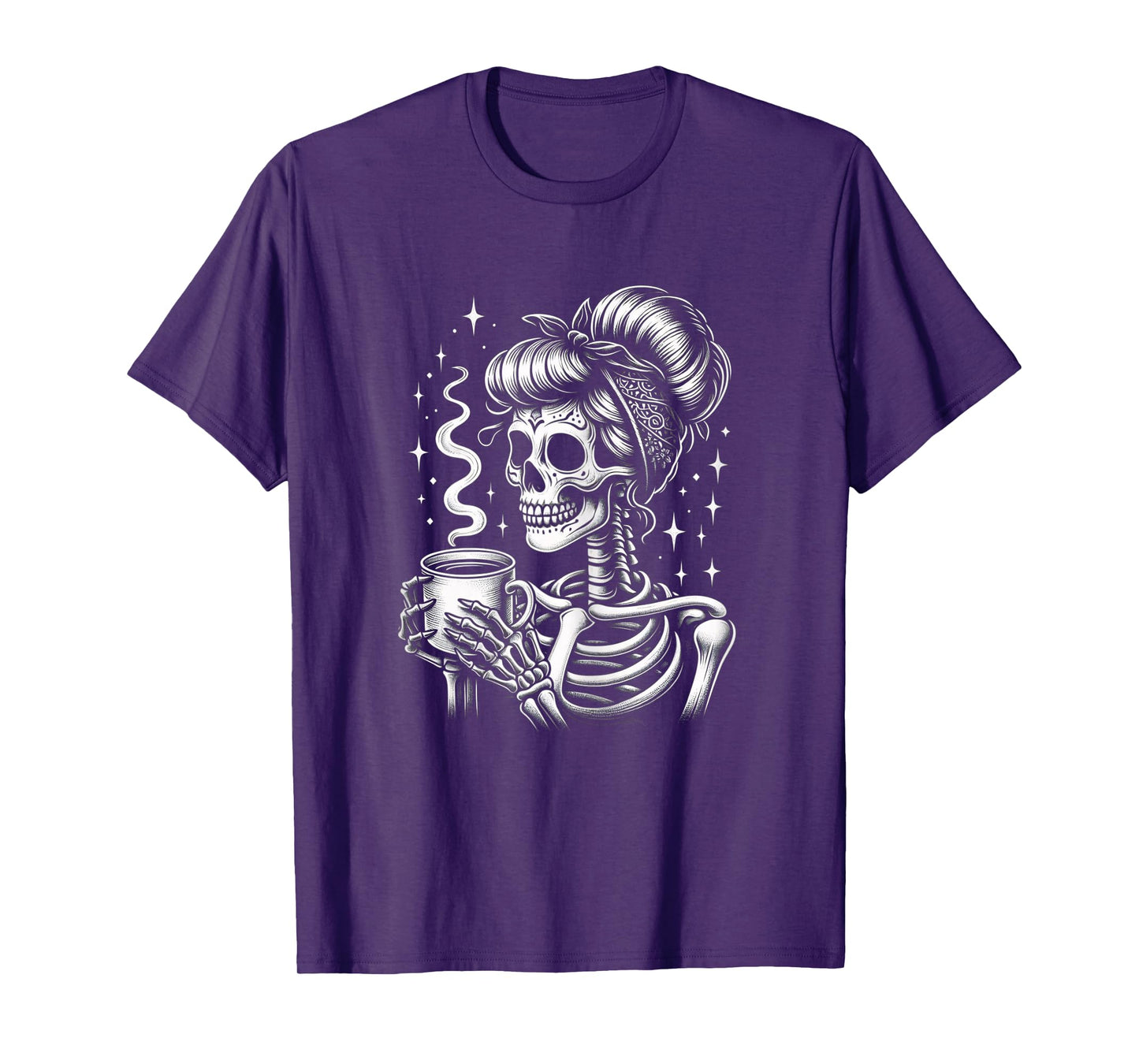 Halloween Skeleton Messy Bun Coffee Funny Costume Mom Women T-Shirt