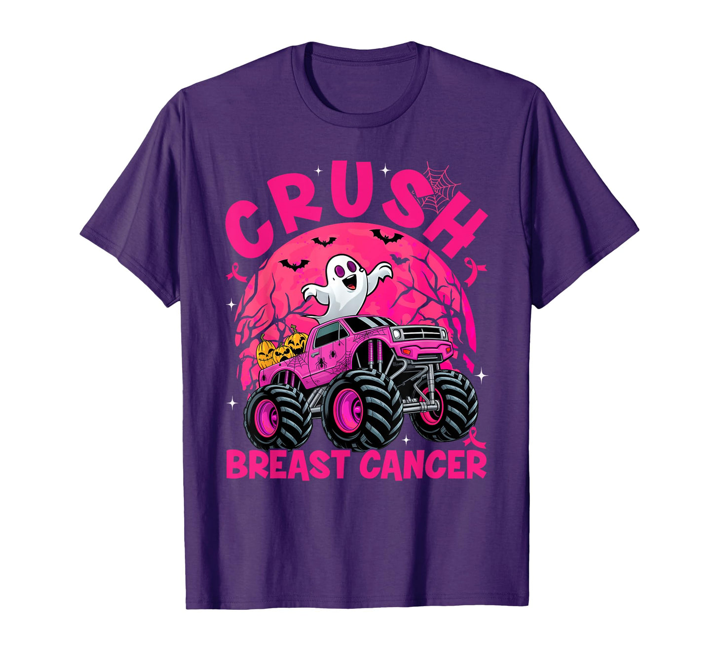 Halloween Ghost Monster Truck Crush Breast Cancer Awareness T-Shirt