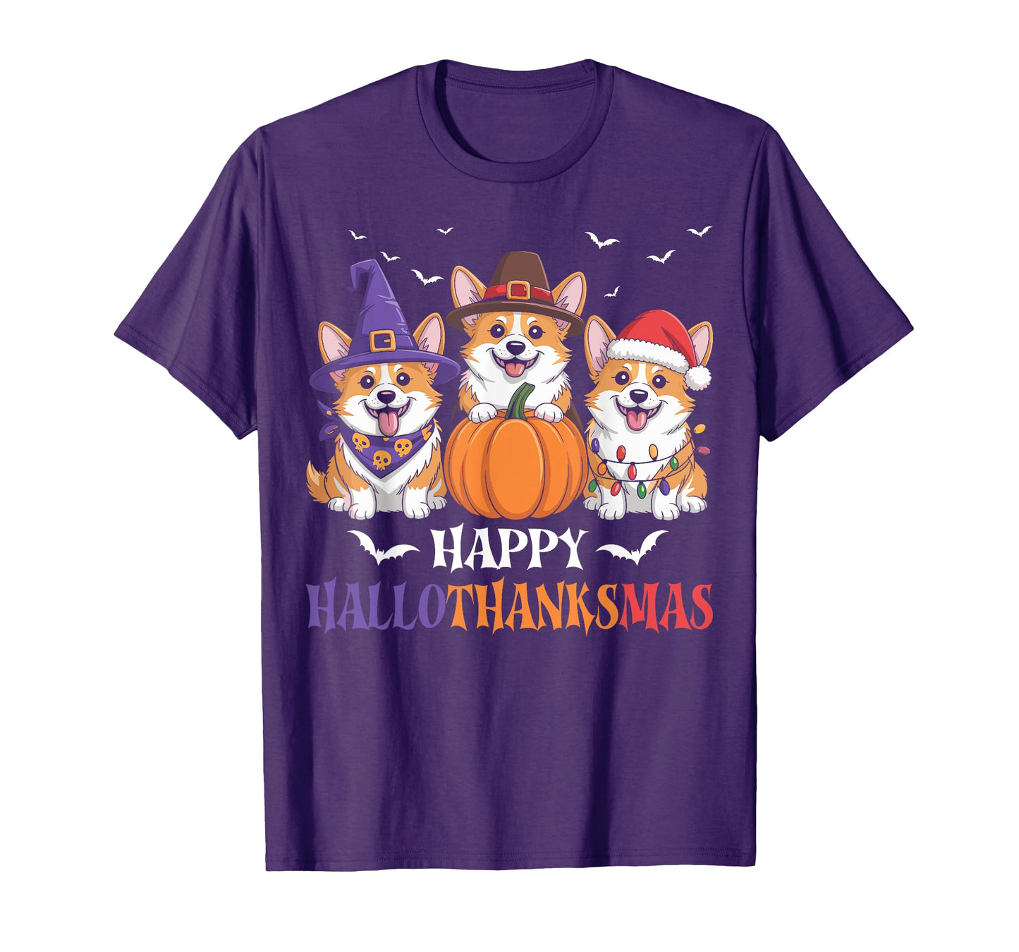 Happy Hallothanksmas Corgi Dogs Halloween Christmas Pumpkin T-Shirt
