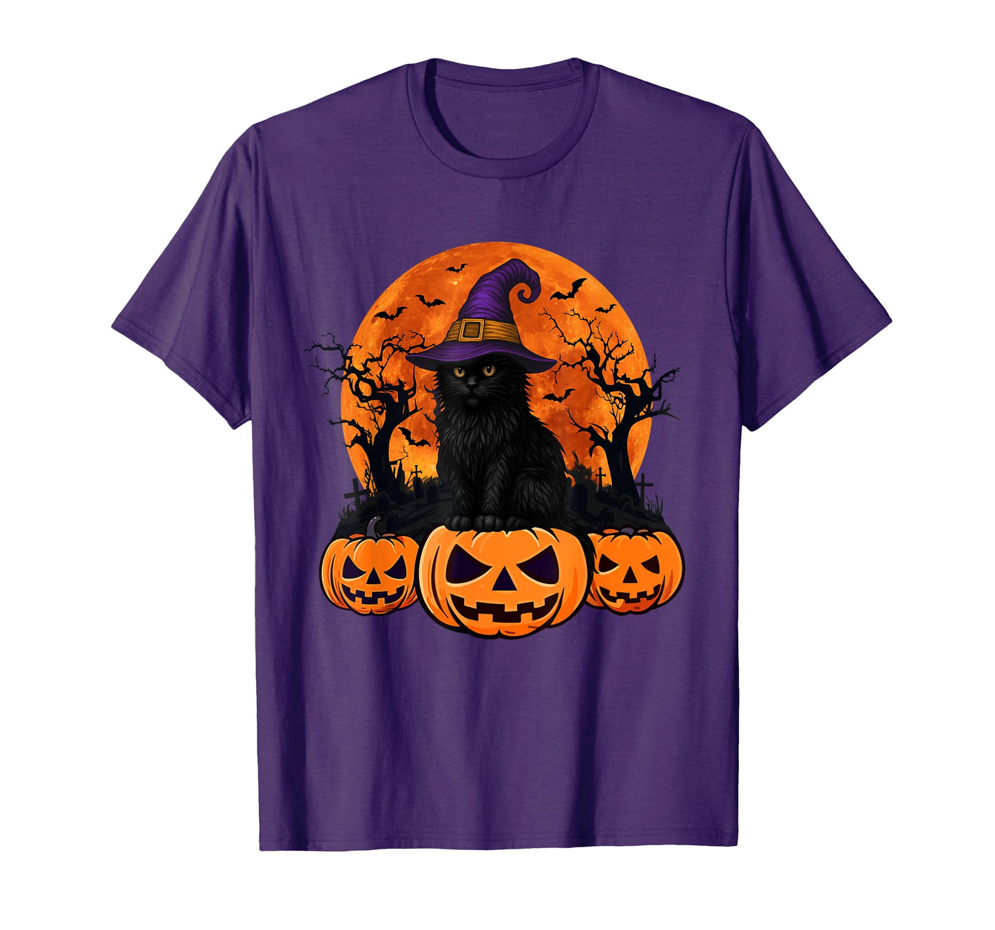 Vintage Scary Halloween Black Cat Costume Witch Hat And Moon T-Shirt for Men Women