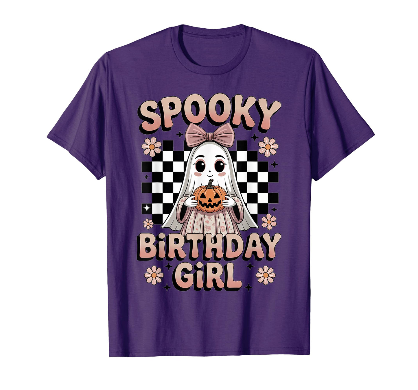Halloween Birthday Girl Ghost Bow Pumpkin Checkered Spooky T-Shirt
