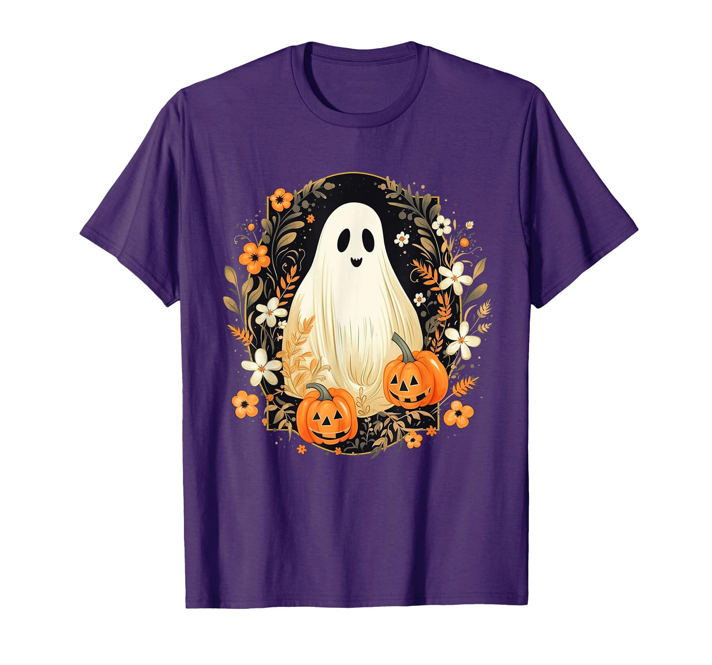 Vintage Floral Ghost Halloween Ghost Pumpkin Jack-o-Lantern T-Shirt