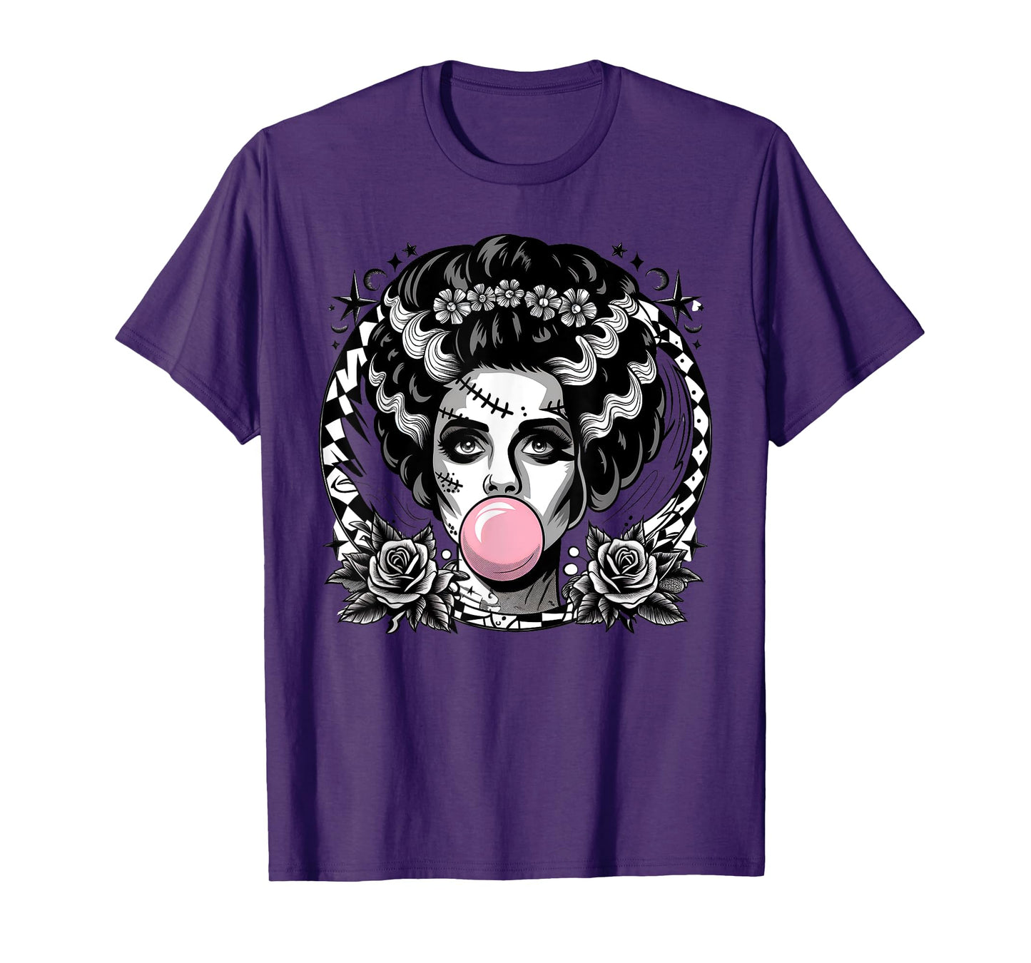 Frankenstein Monster And Bride Bubble Gum Funny Halloween T-Shirt
