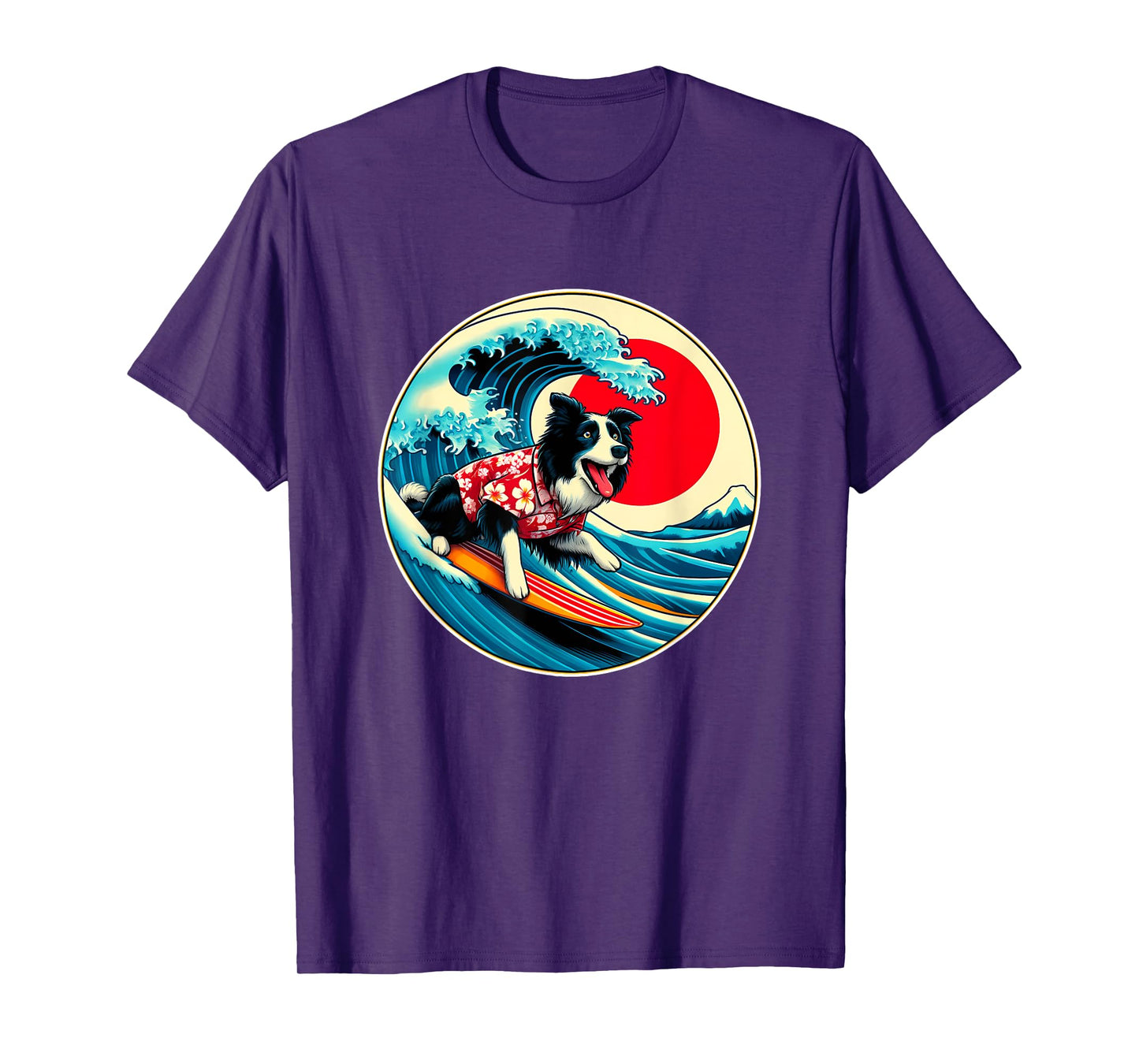 Great Wave Kanagawa Border Collie dog Surfing T-Shirt for Men Women Kids