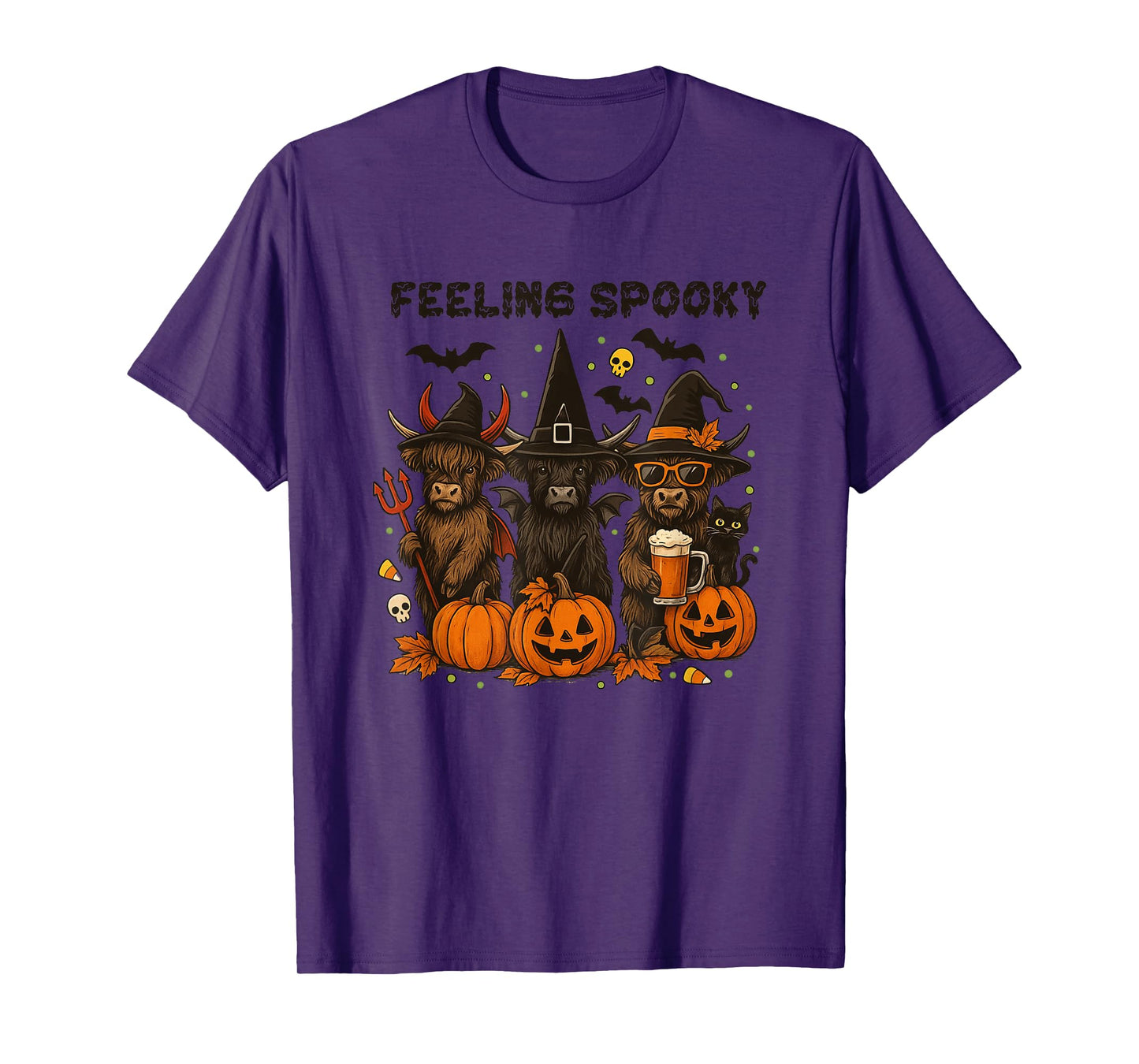 Feeling Spooky Halloween Highland Cows Fun T-Shirt