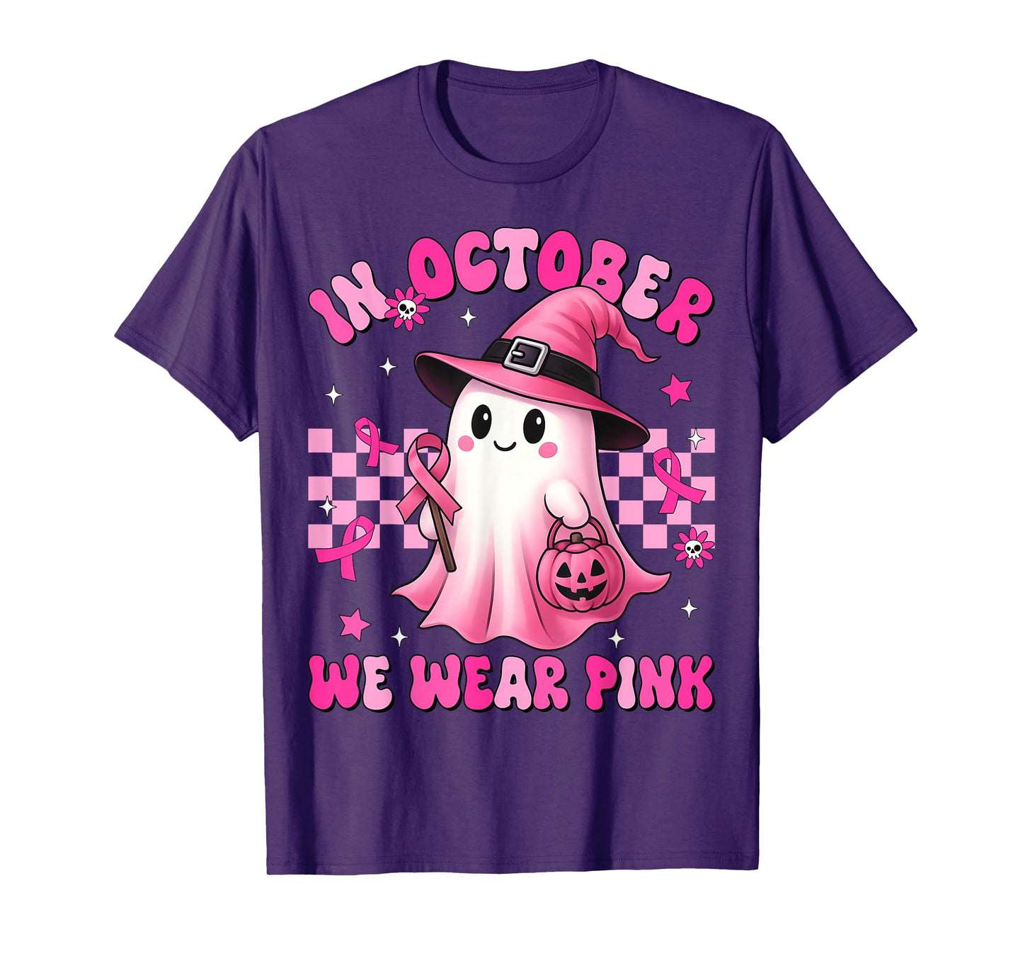 In October We Wear Pink Ghost Witch Breast Cancer Awareness T-Shirt