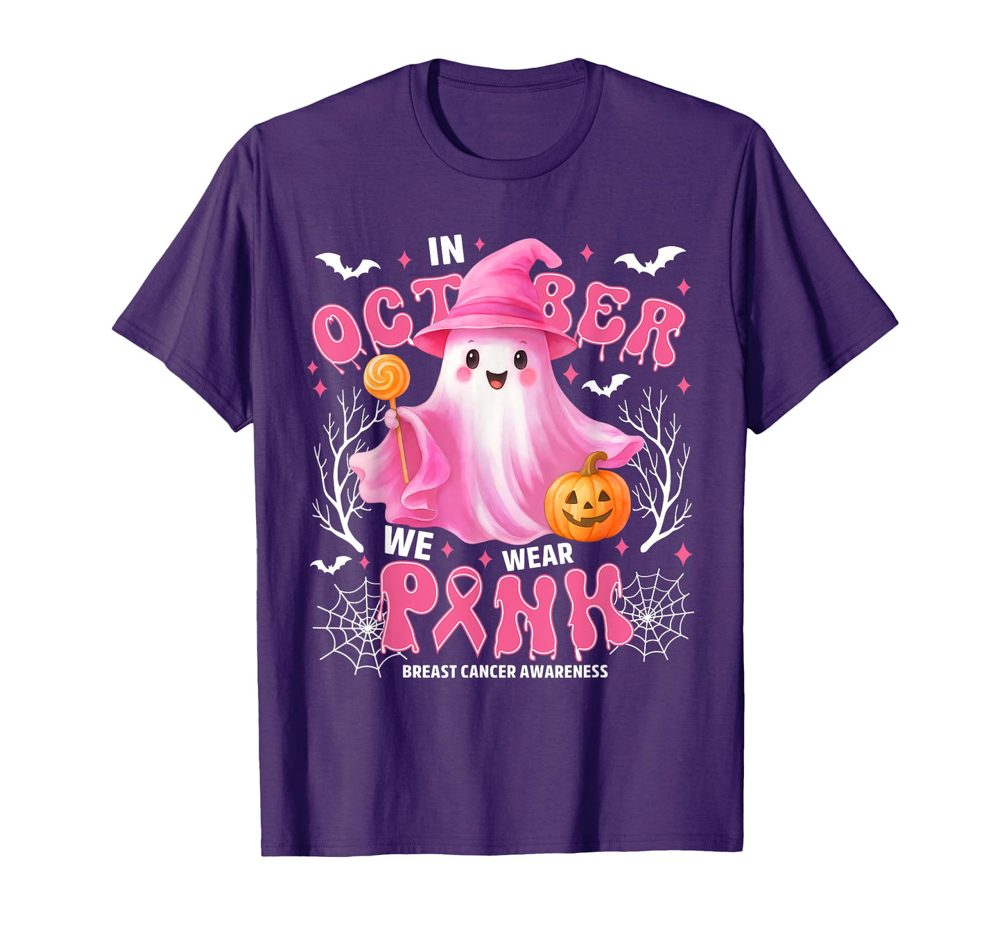 In October We Wear Pink Ghost Witch Breast Cancer Awareness T-Shirt