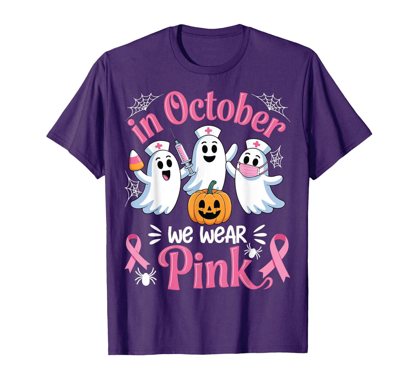 In October We Wear Pink Pumpkin Spooky Halloween Nurse T-Shirt