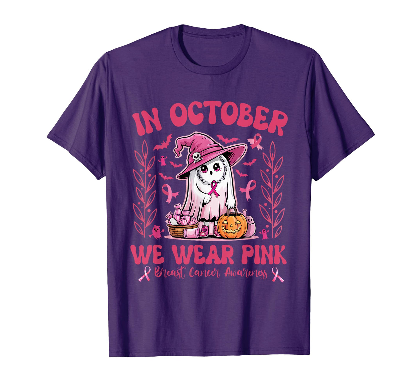 October We Wear Pink Ghost Breast Cancer Awareness Halloween T-Shirt