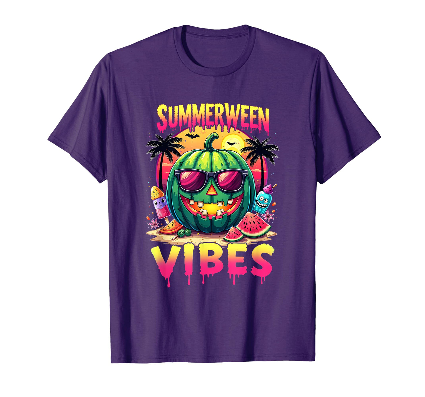 Skeleton Summer Summerween Vibes Watermelon Jack-O-Lantern T-Shirt