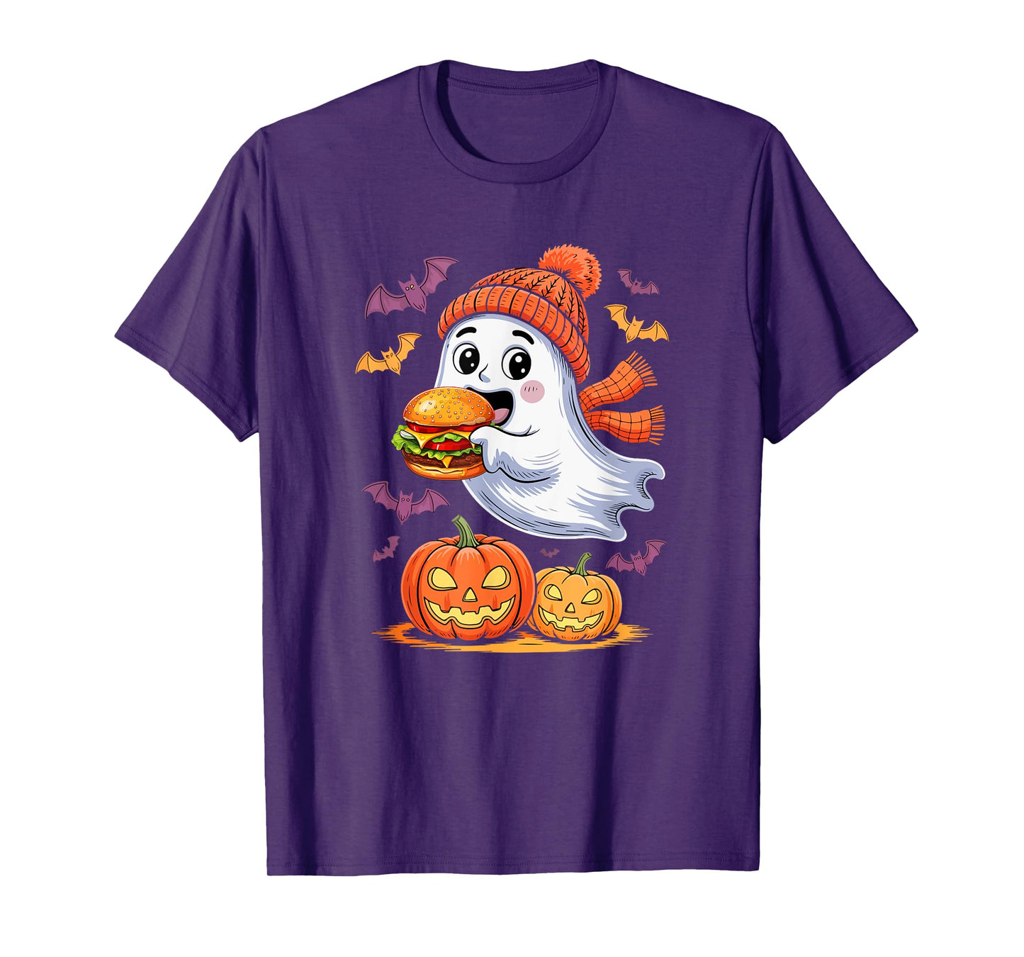 Cute Boo Ghost Eating Hamburger Halloween Food Lover Kids T-Shirt
