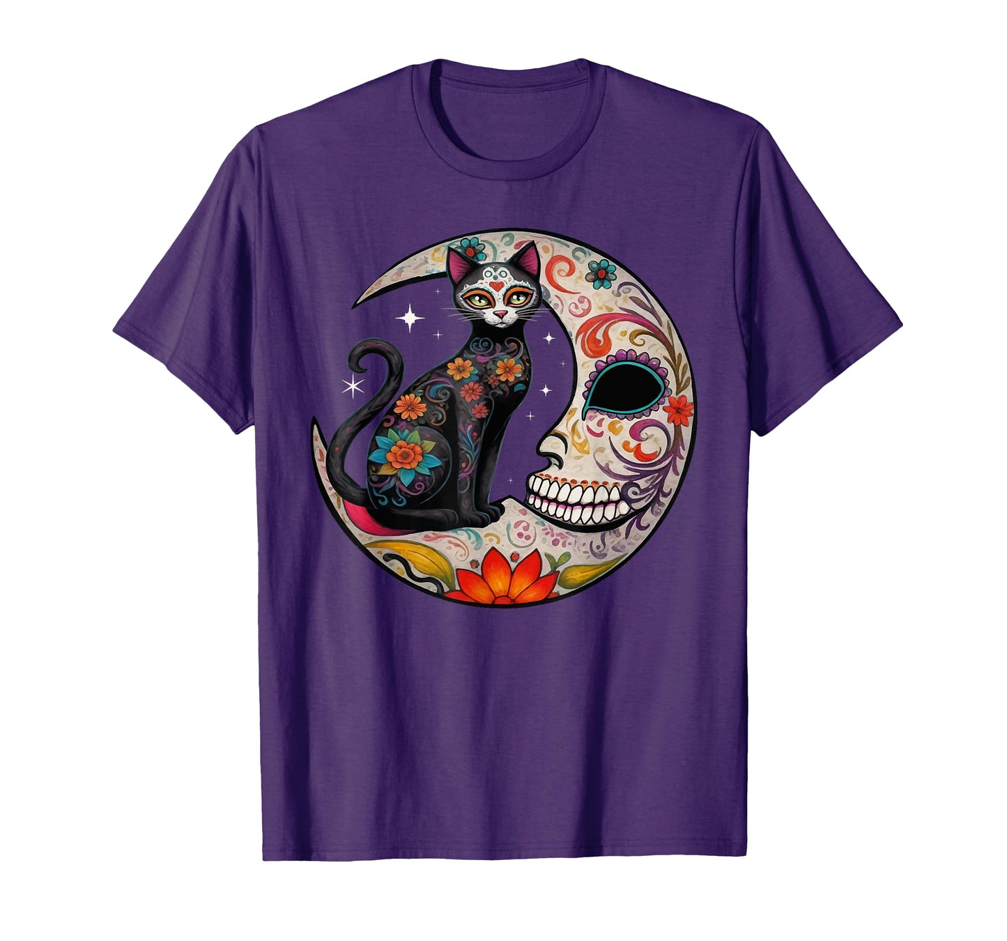 Sugar Skull Cat Moon De Los Muertos Day of Dead Halloween T-Shirt for Men Women
