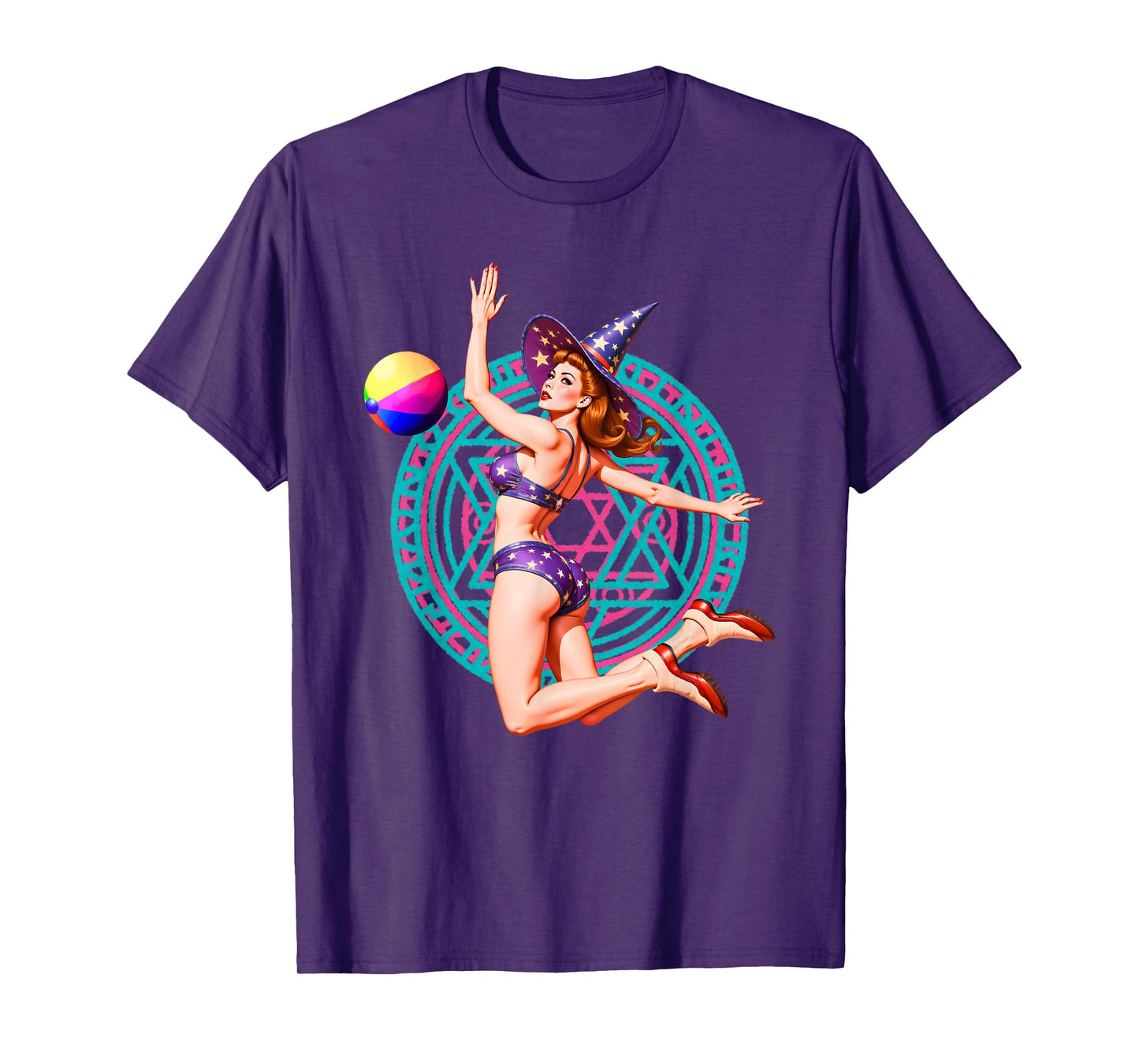 Summerween Beach Ball Pin-Up Sexy Witch Halloween Magic T-Shirt