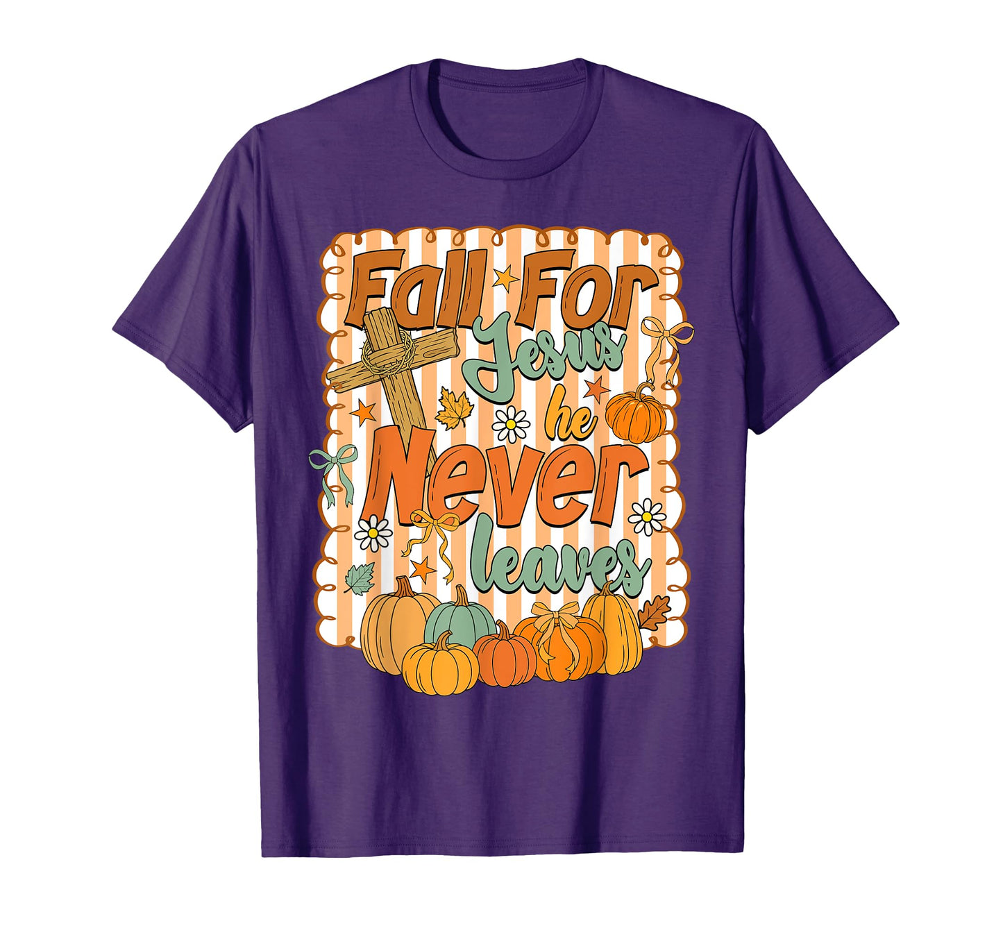 Fall For Jesus He Never Leaves Coquette Bow Autumn Christian T-Shirt