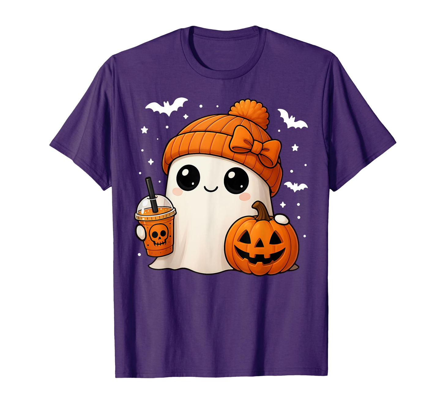 Halloween Cute Ghost Drink Pumpkin Women Girl Bow T-Shirt
