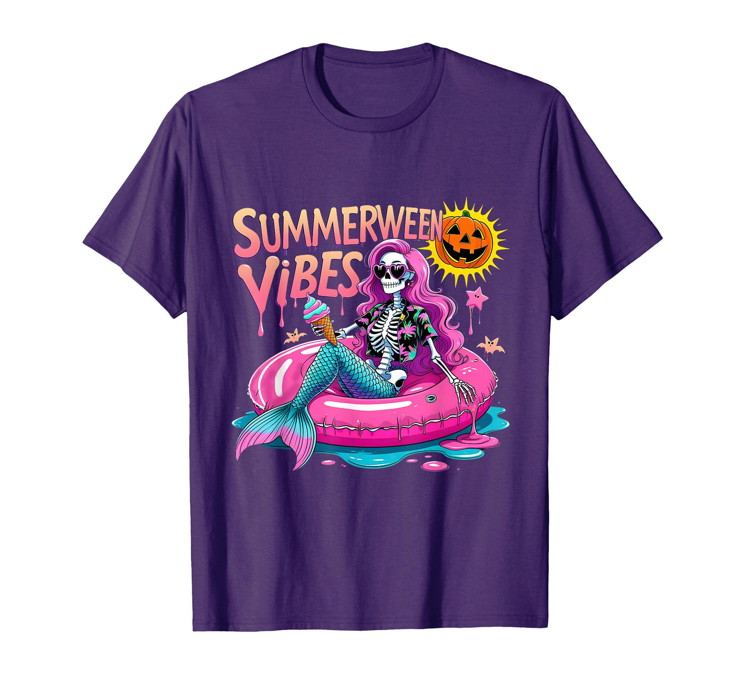 Summerween Vibes Spooky Summer Mermaid Skeleton Halloween T-Shirt
