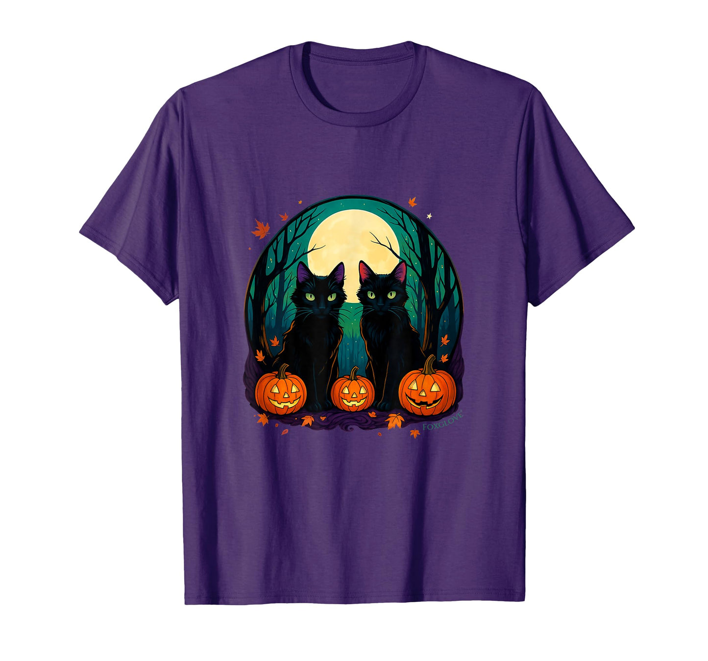 Black Cats with Pumpkins under Full Moon on Halloween Men Women T-Shirt