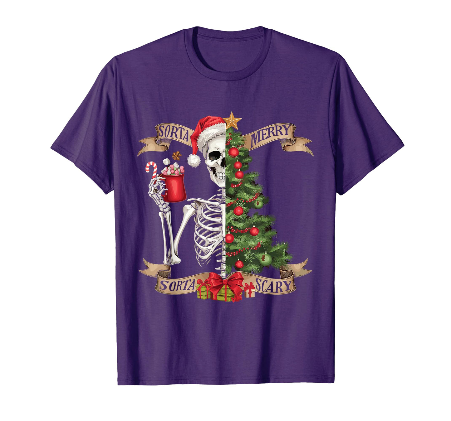 Funny Christmas Skeleton Sorta Merry Sorta Scary Tree Xmas T-Shirt
