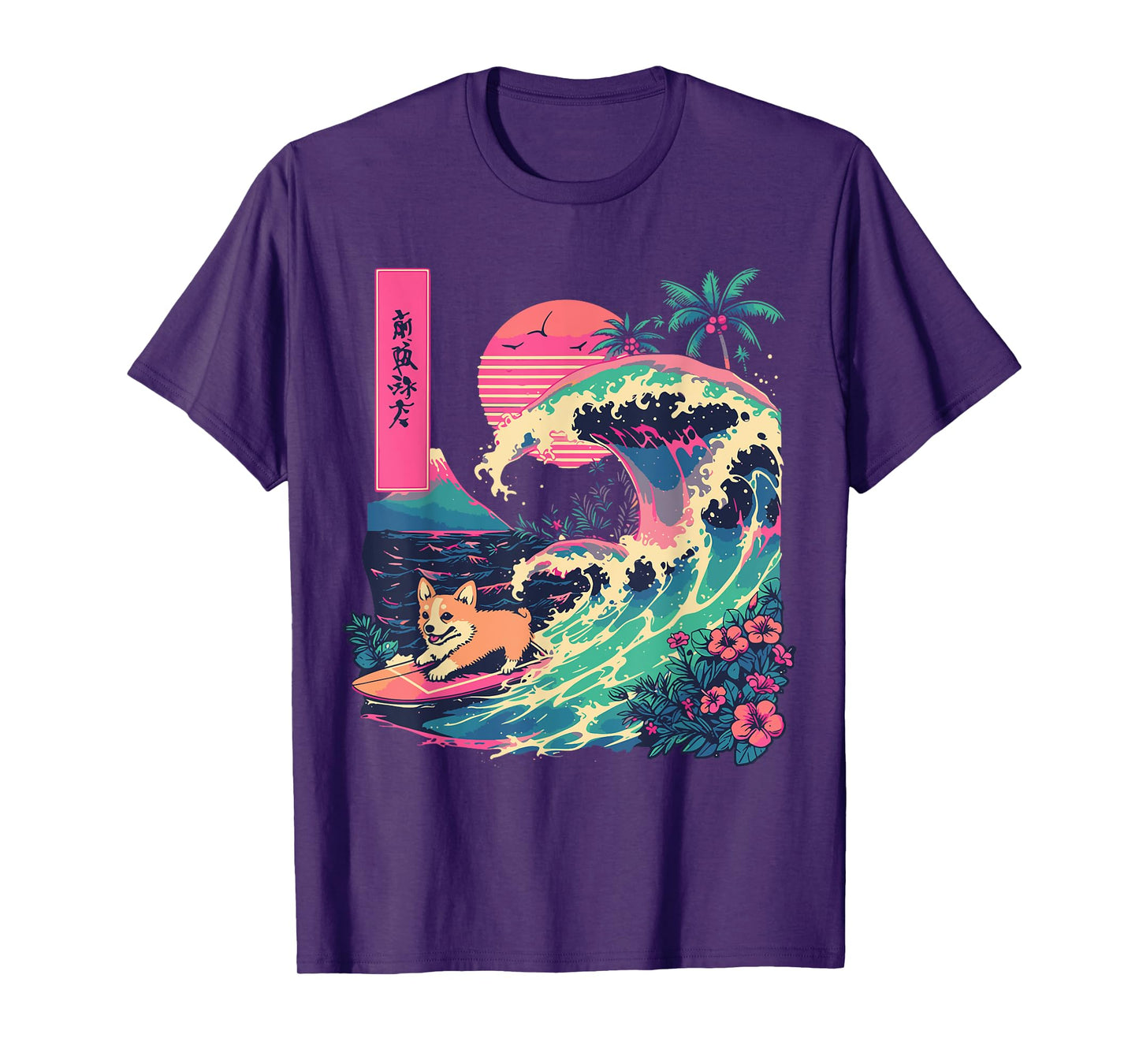 Japanese Corgi Surfing Great Wave Japan T-Shirt