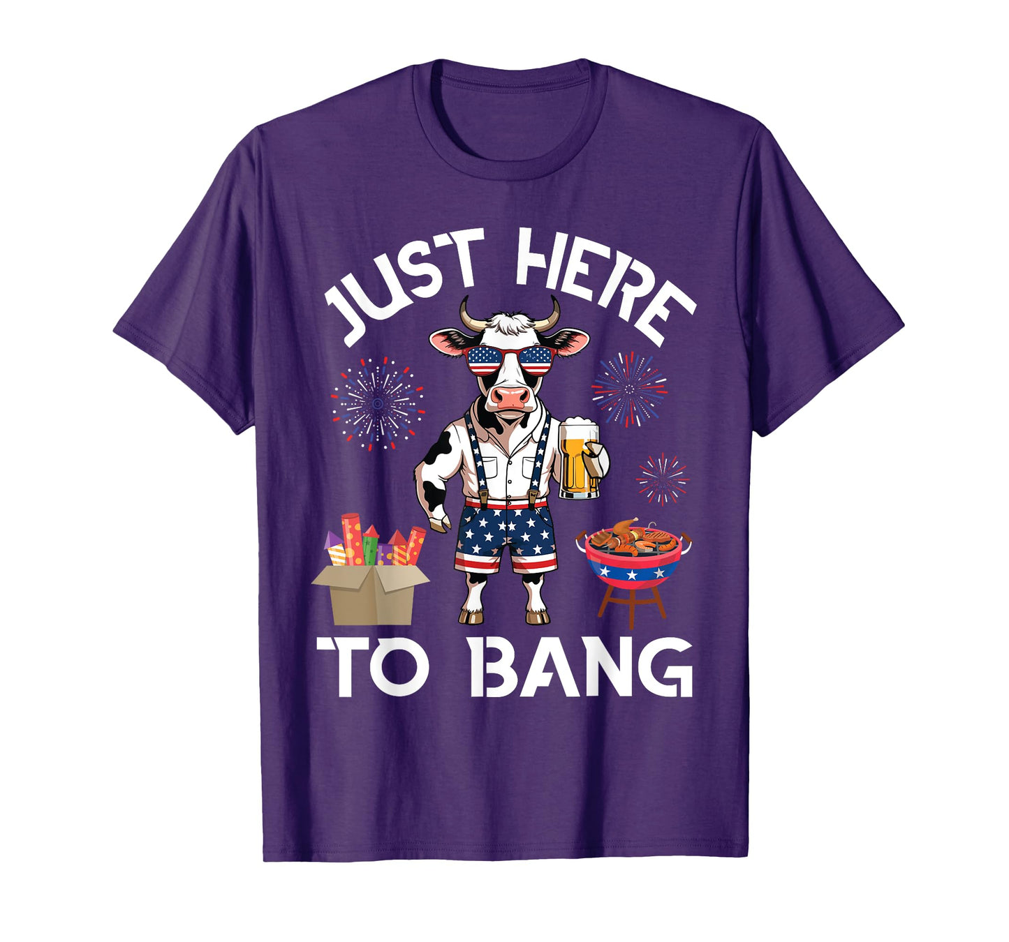 Cow Drink Beer BBQ Firecracker Just Here To Bang 4th of July T-Shirt
