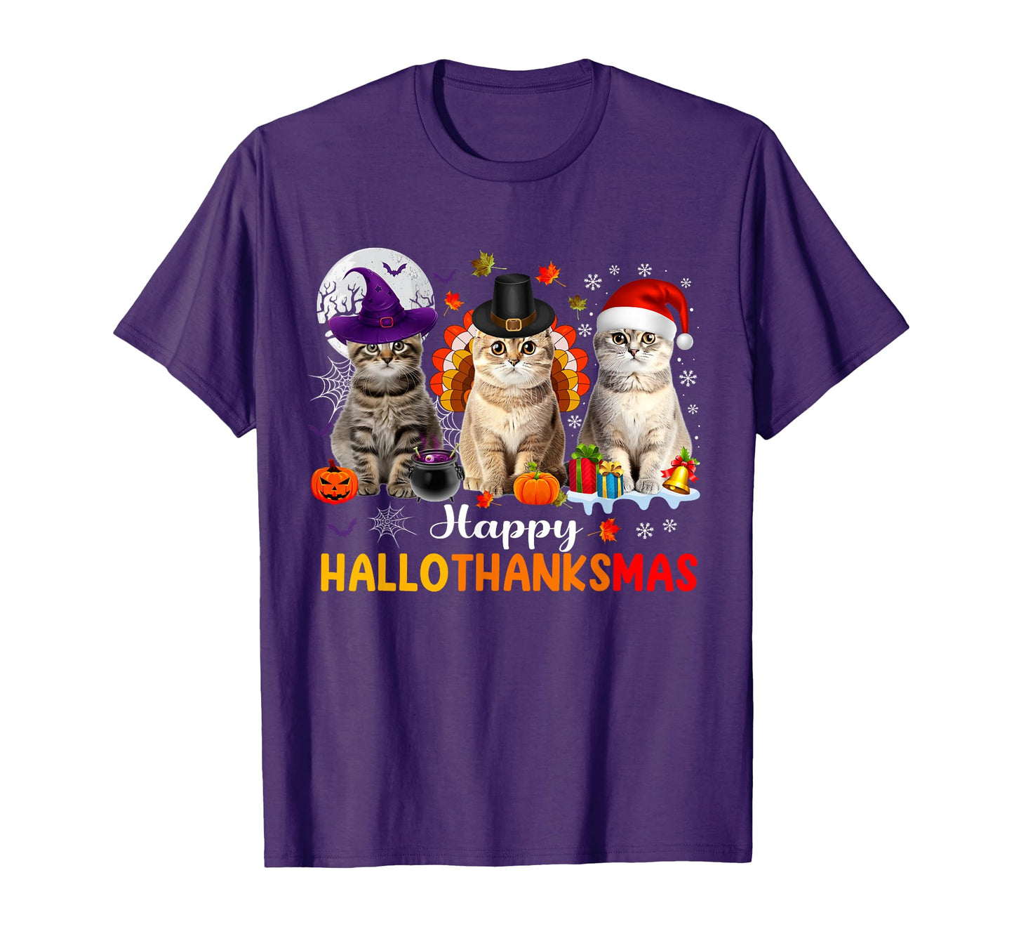 Happy Hallothanksmas Cats Halloween Thanksgiving Christmas T-Shirt