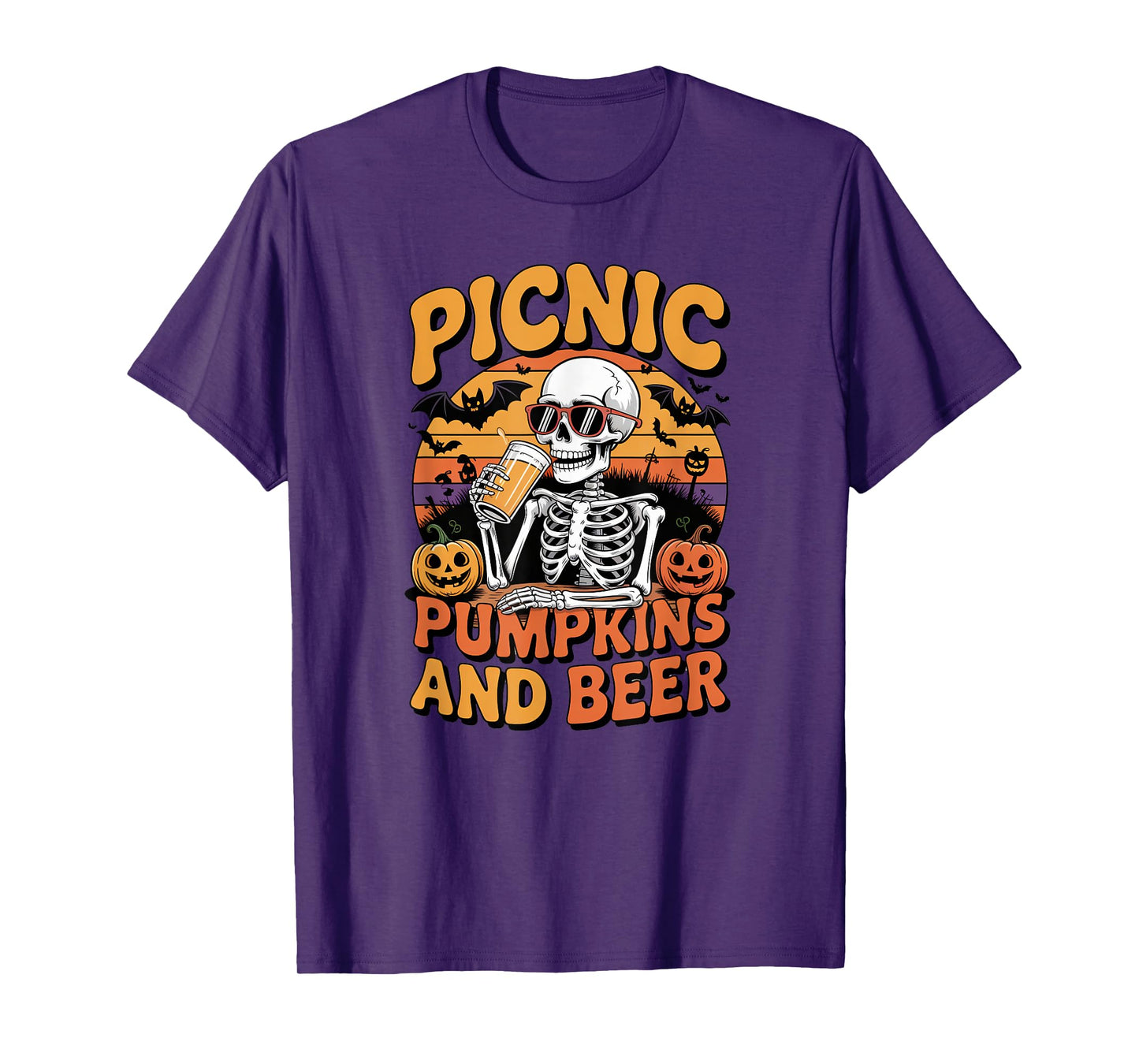 Halloween Tee Skeleton Picnic Pumpkins and Beer Retro T-Shirt