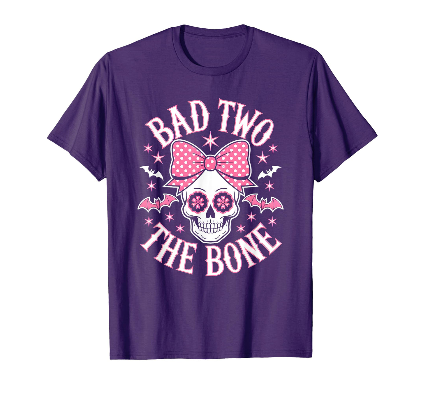 Bad Two The Bone Skull Pink Bow Stars T-Shirt