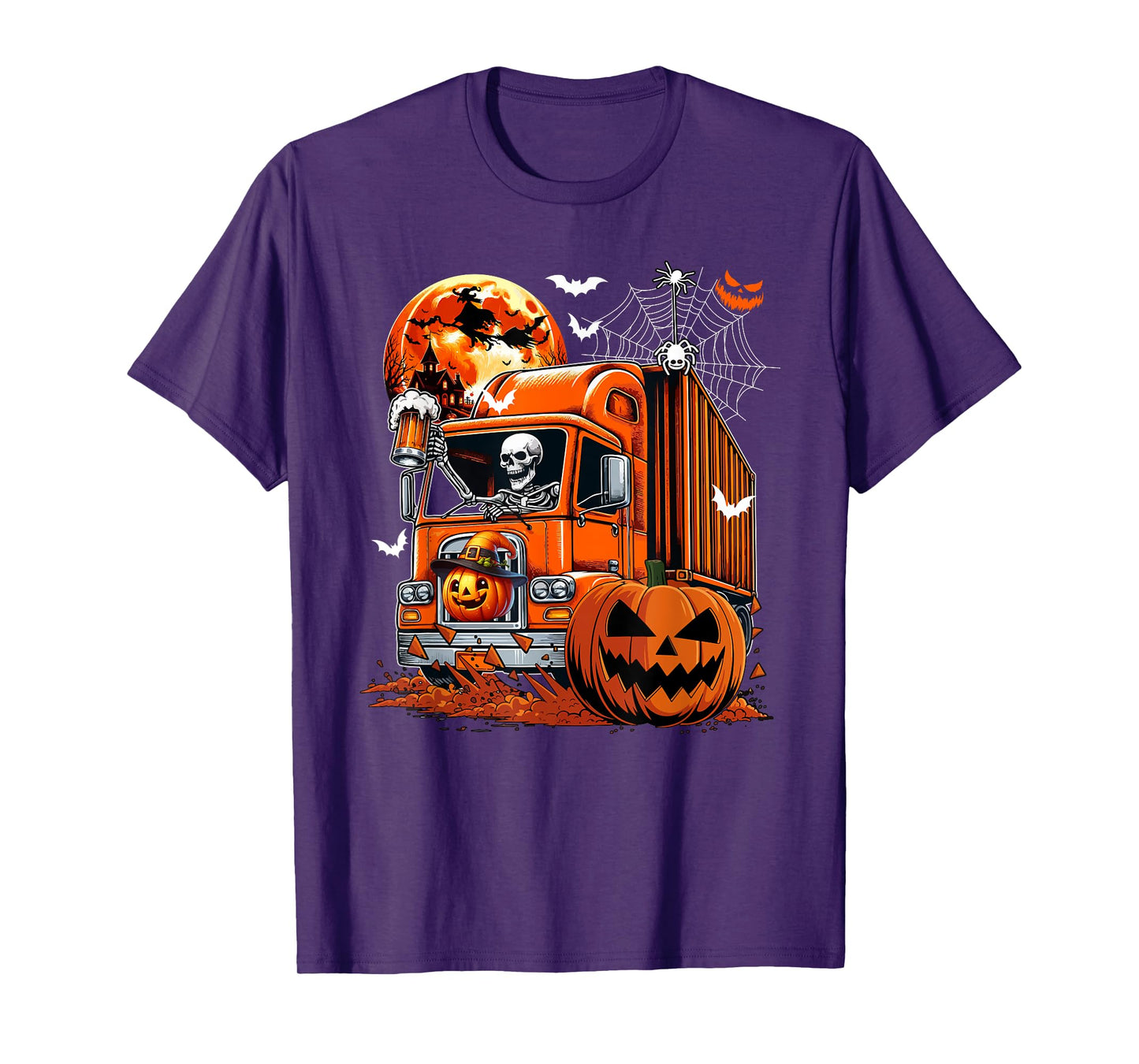 Skeleton Drinking Beer On Truck Halloween Pumpkins T-Shirt