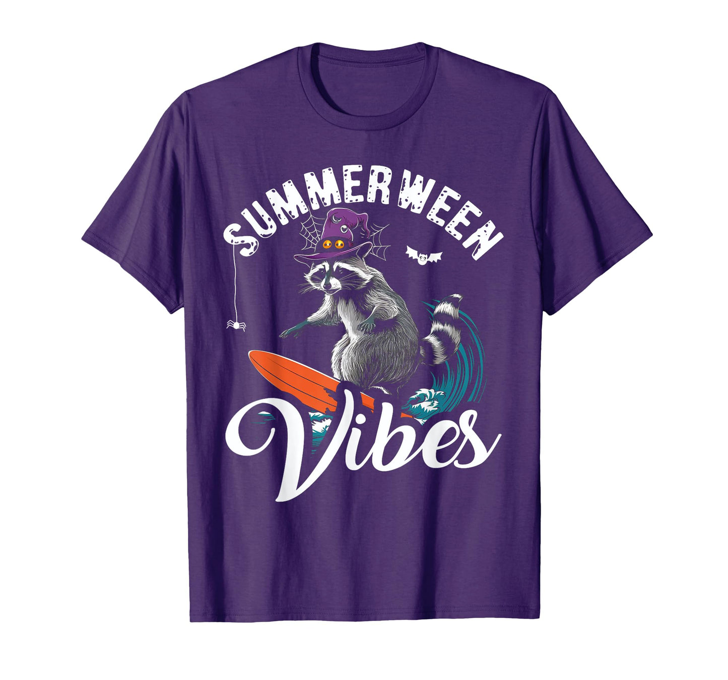Summerween Vibes Raccoon Surfing Summer Halloween Vacation T-Shirt