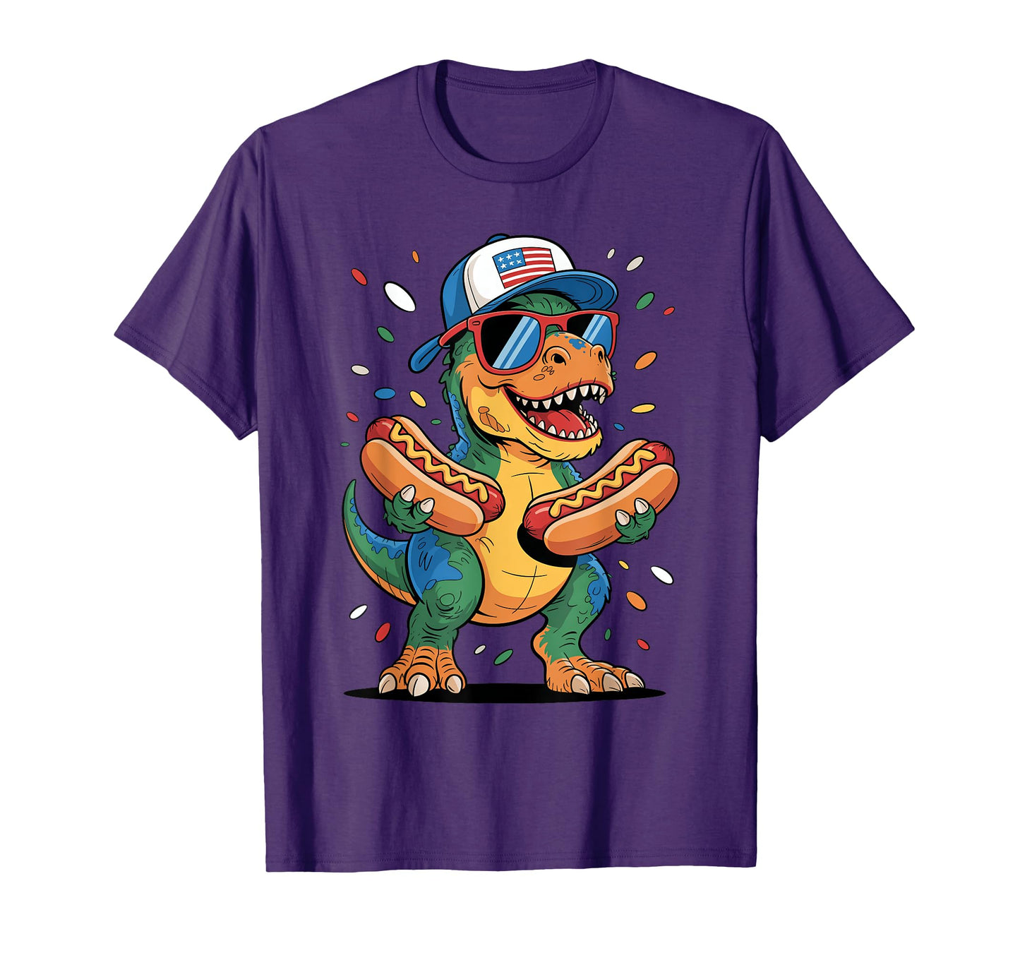 T Rex Dinosaur With Hotdogs USA Flag Sunglasses 4th of July T-Shirt