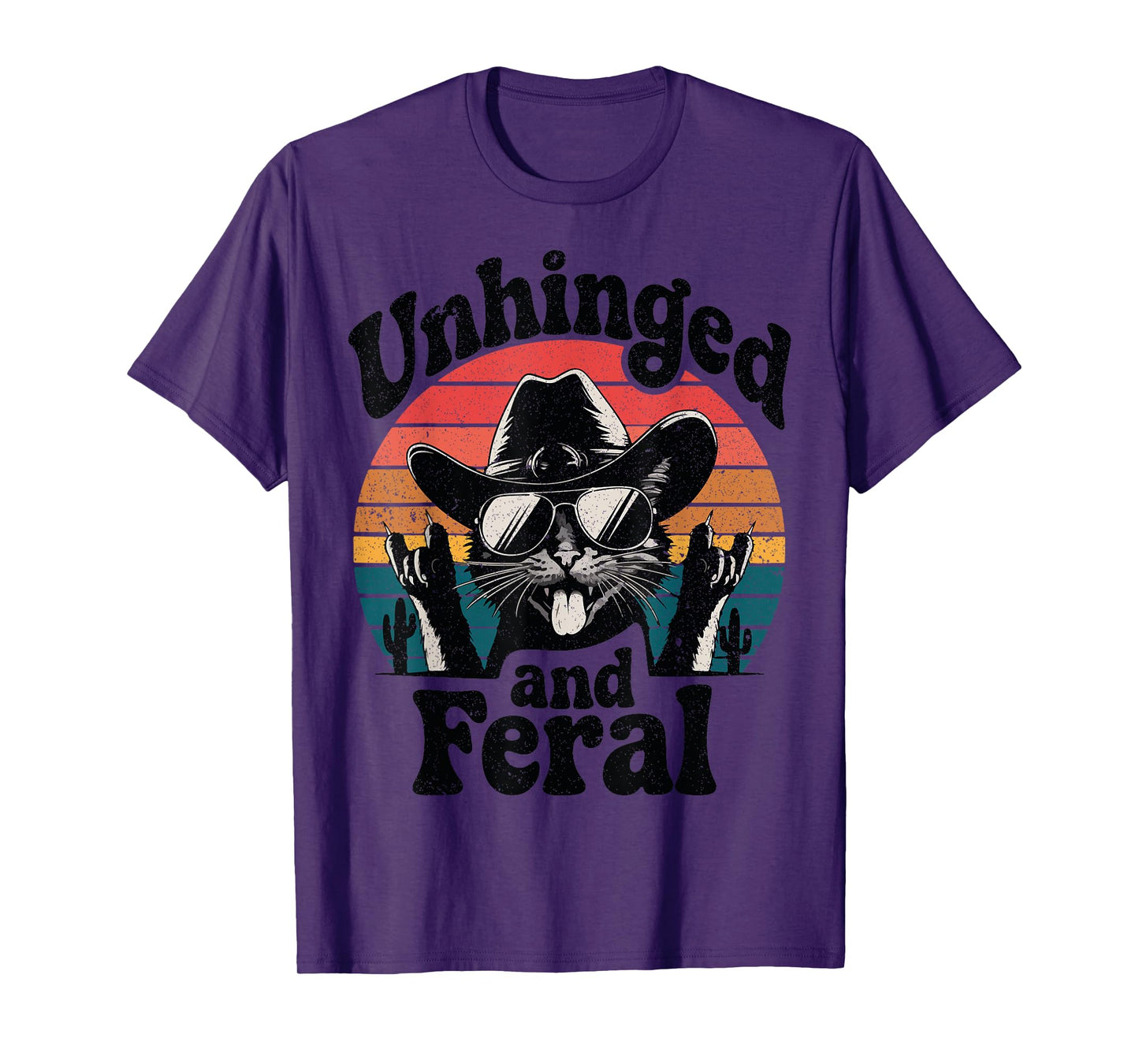 Unhinged And Feral Funny Retro Vintage Cat Cowboy Kitten T-Shirt