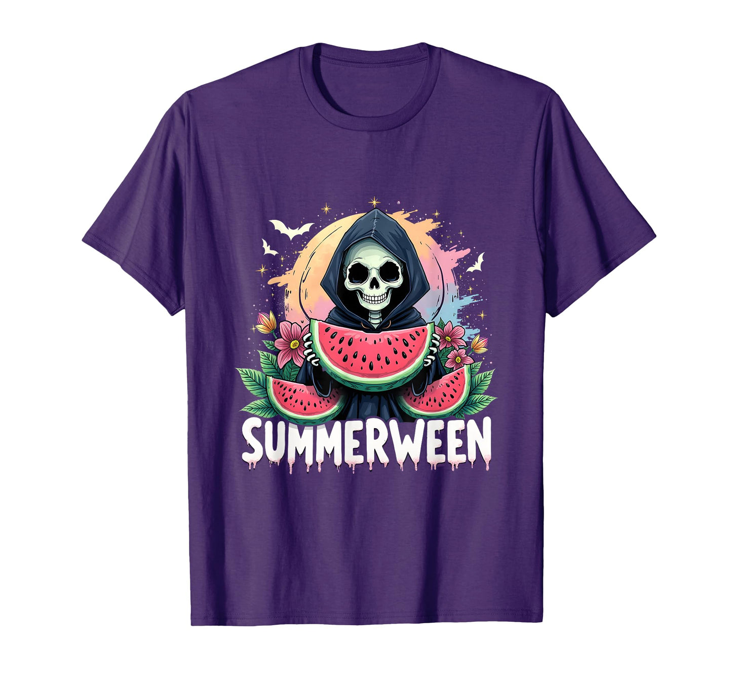 Summerween Skeleton Eating Watermelon Funny Halloween T-Shirt