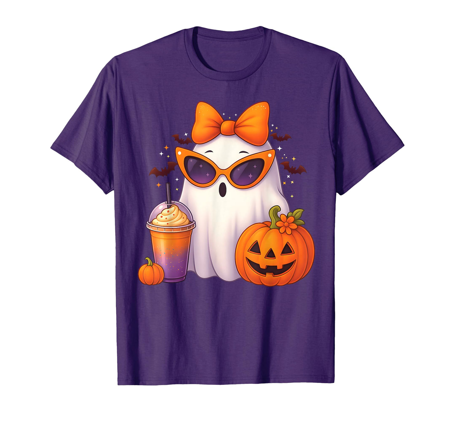 Spooky Cute Ghost Drinking Pumpkin Iced Coffee Halloween Bow T-Shirt