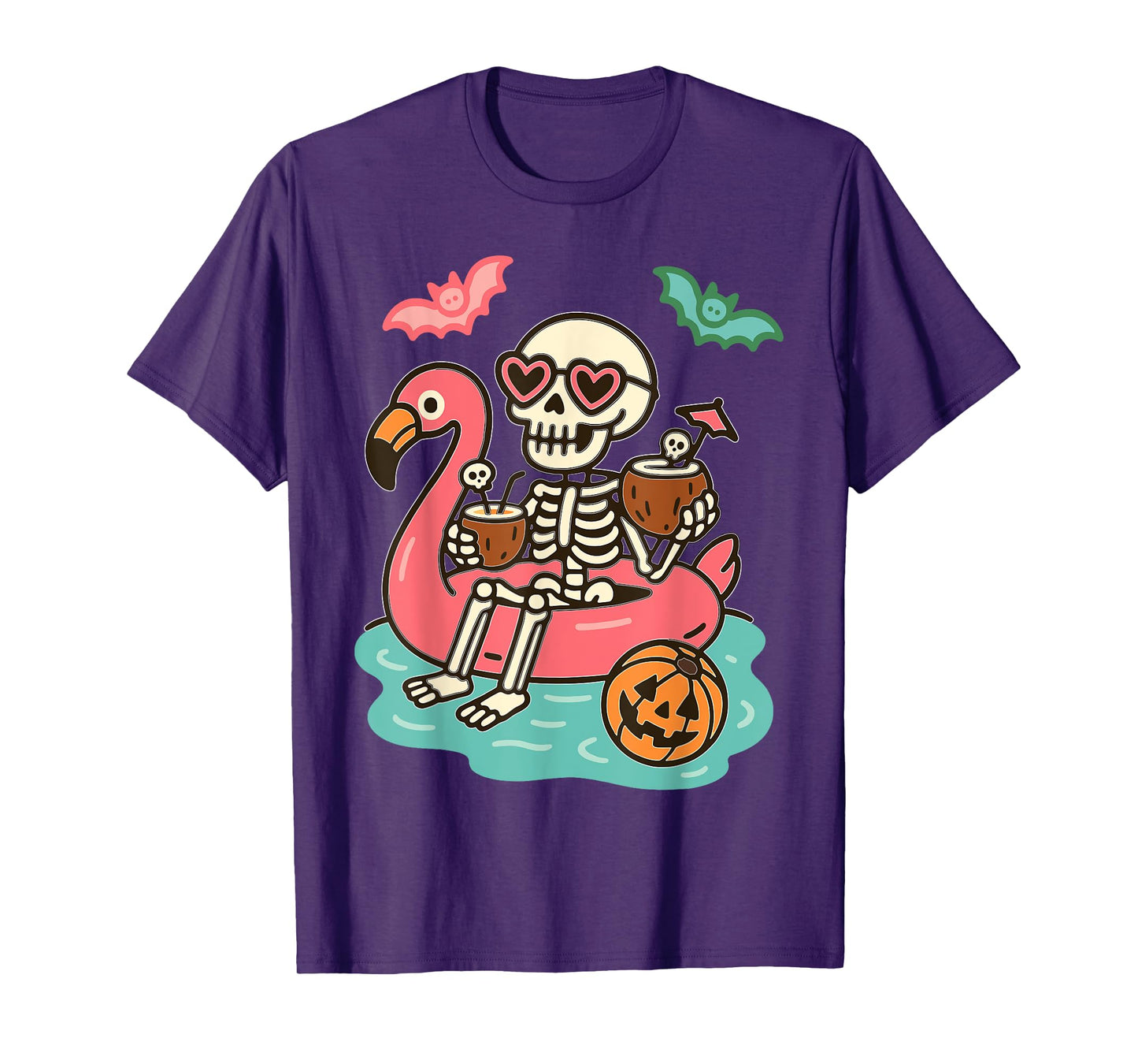 Funny Summerween Skeleton Floating in Flamingo Cute Spooky T-Shirt