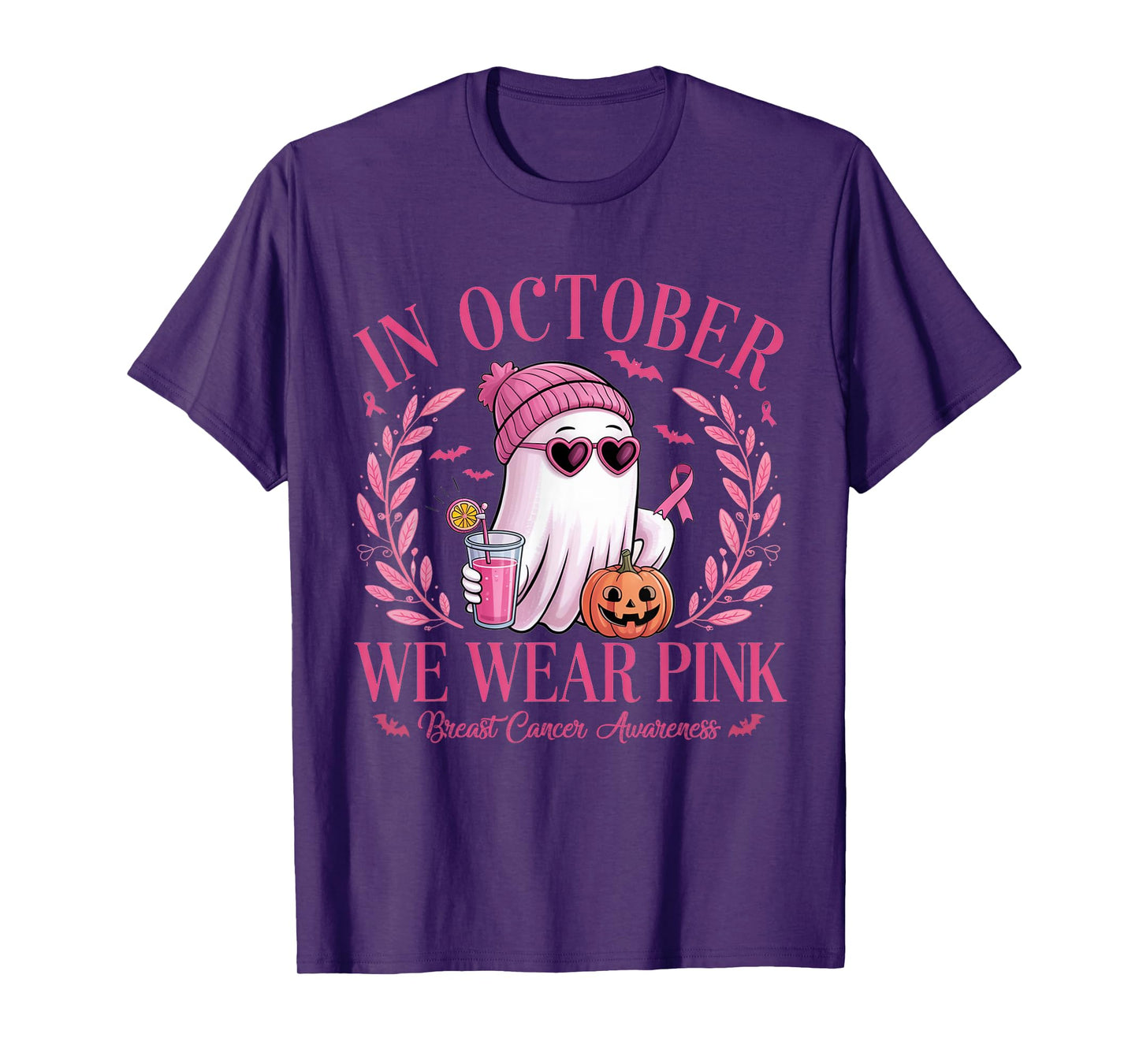 October We Wear Pink Ghost Breast Cancer Awareness Halloween T-Shirt