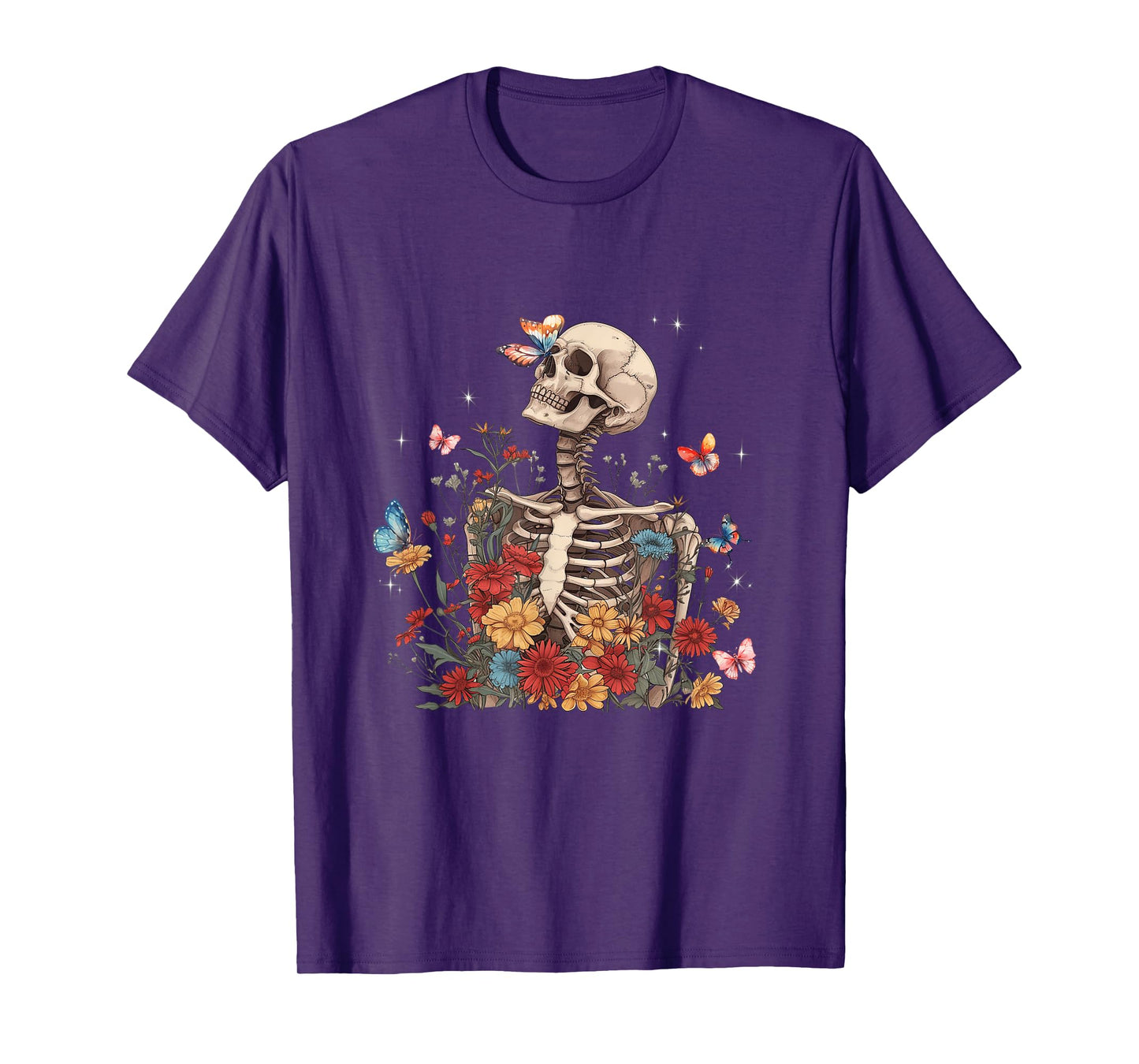 Skeleton Flowers Butterfly Floral Halloween Men Women T-Shirt