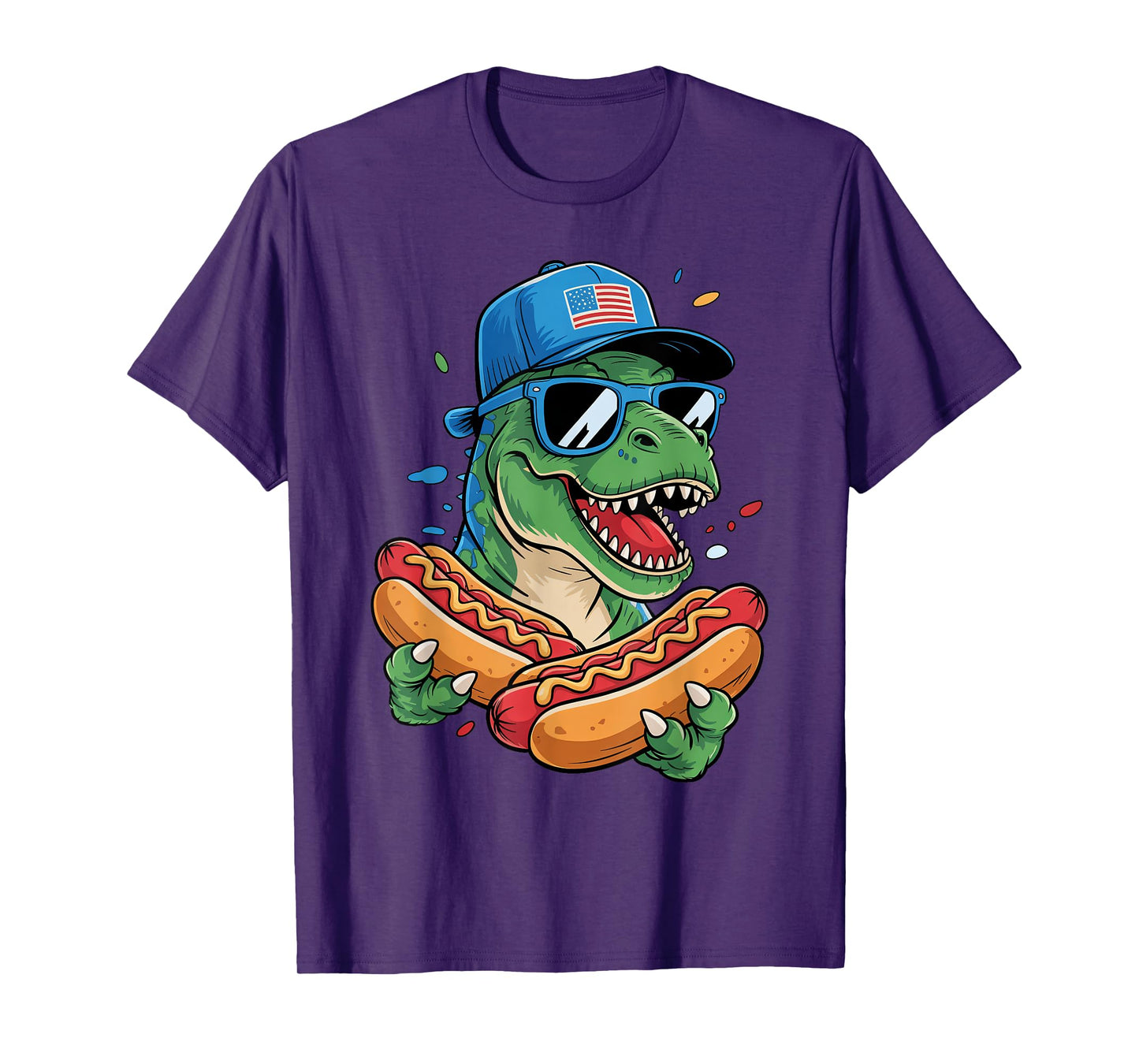 T Rex Wearing USA Hat Sunglasses Hotdog Independence Day T-Shirt