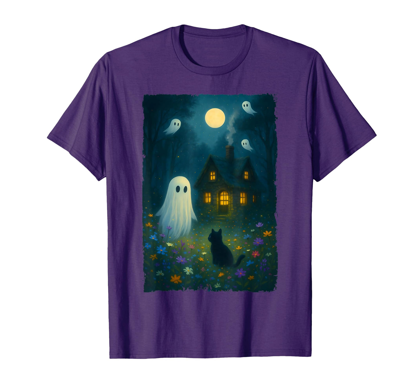 Vintage Floral Ghost Black Cat Halloween Ghost Spooky Gothic T-Shirt