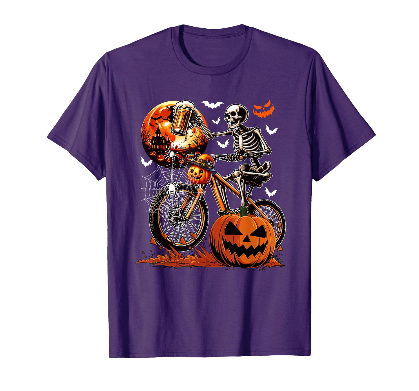 Skeleton Drinking Beer On Bicycle Halloween Carved Pumpkins T-Shirt