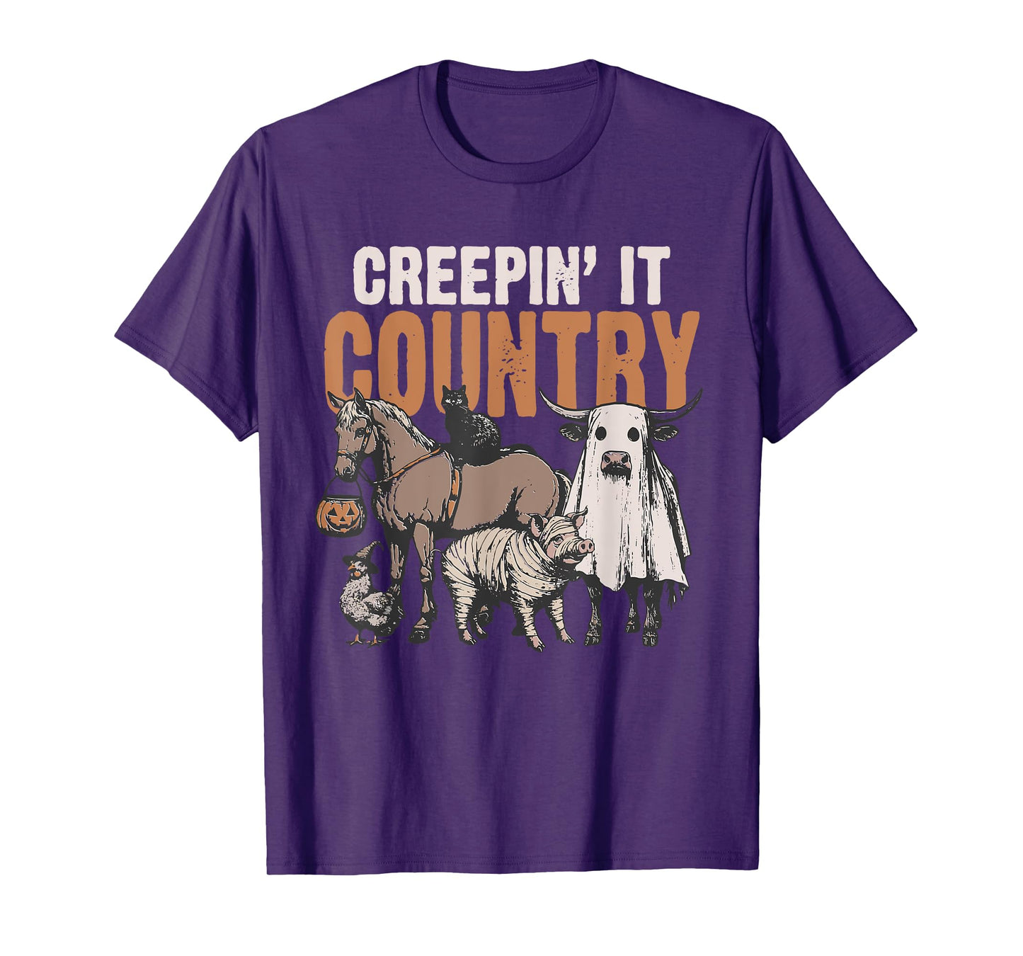 Creepin' It Country Halloween Farm Animal Cow Black Cat Pig T-Shirt