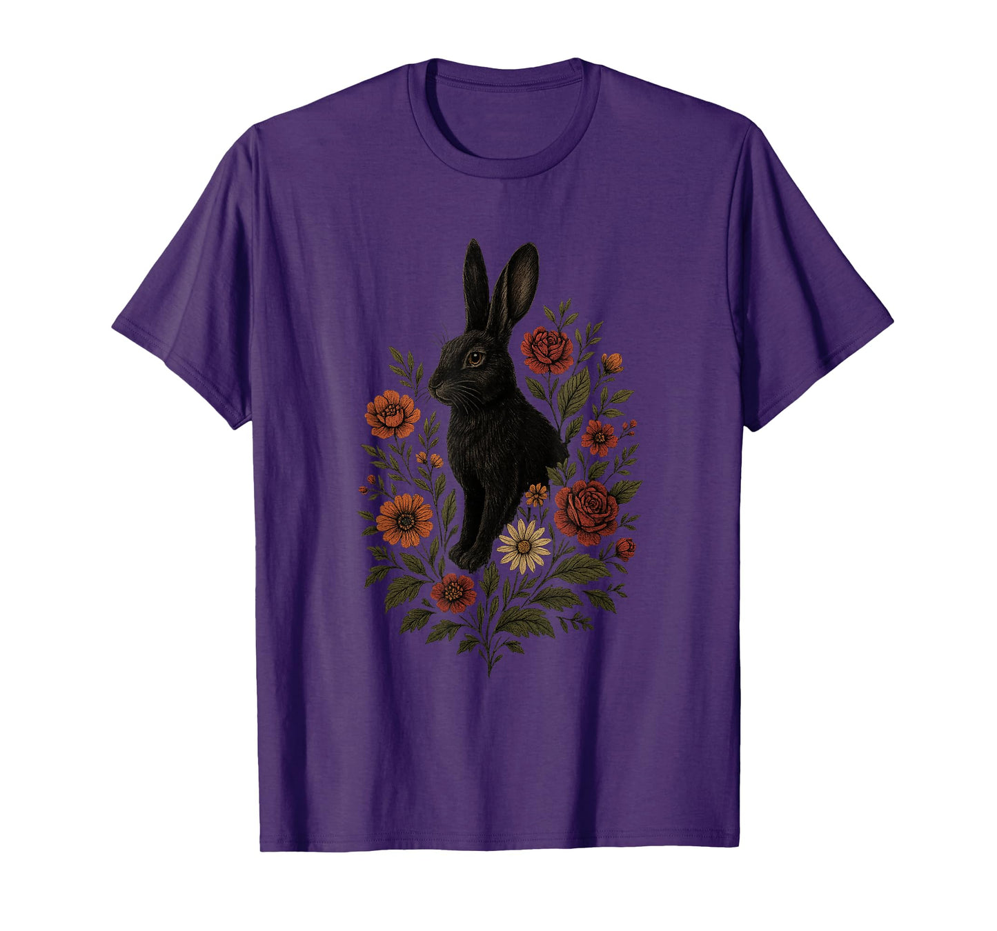 Black Bunny With Flowers Botanical Gothic Nature Art T-Shirt