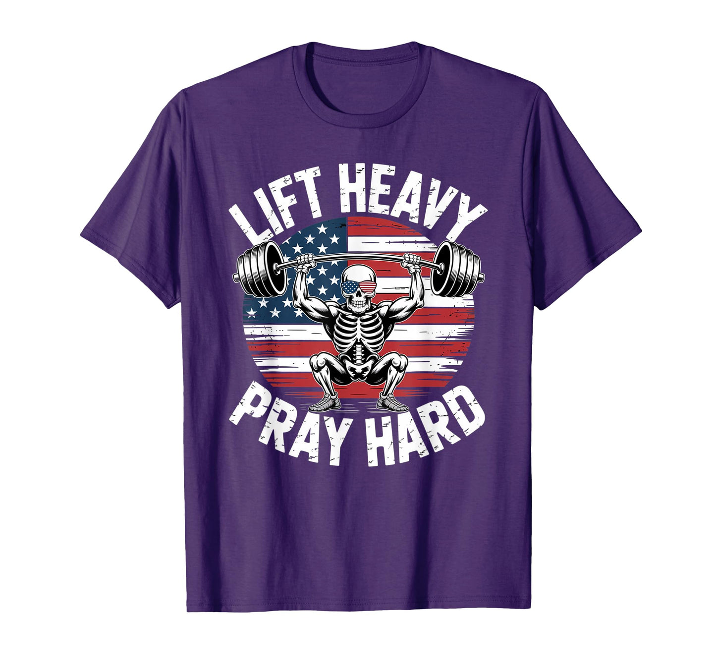 Funny Skeleton US Flag Lift Heavy Pray Hard Gym Christian T-Shirt
