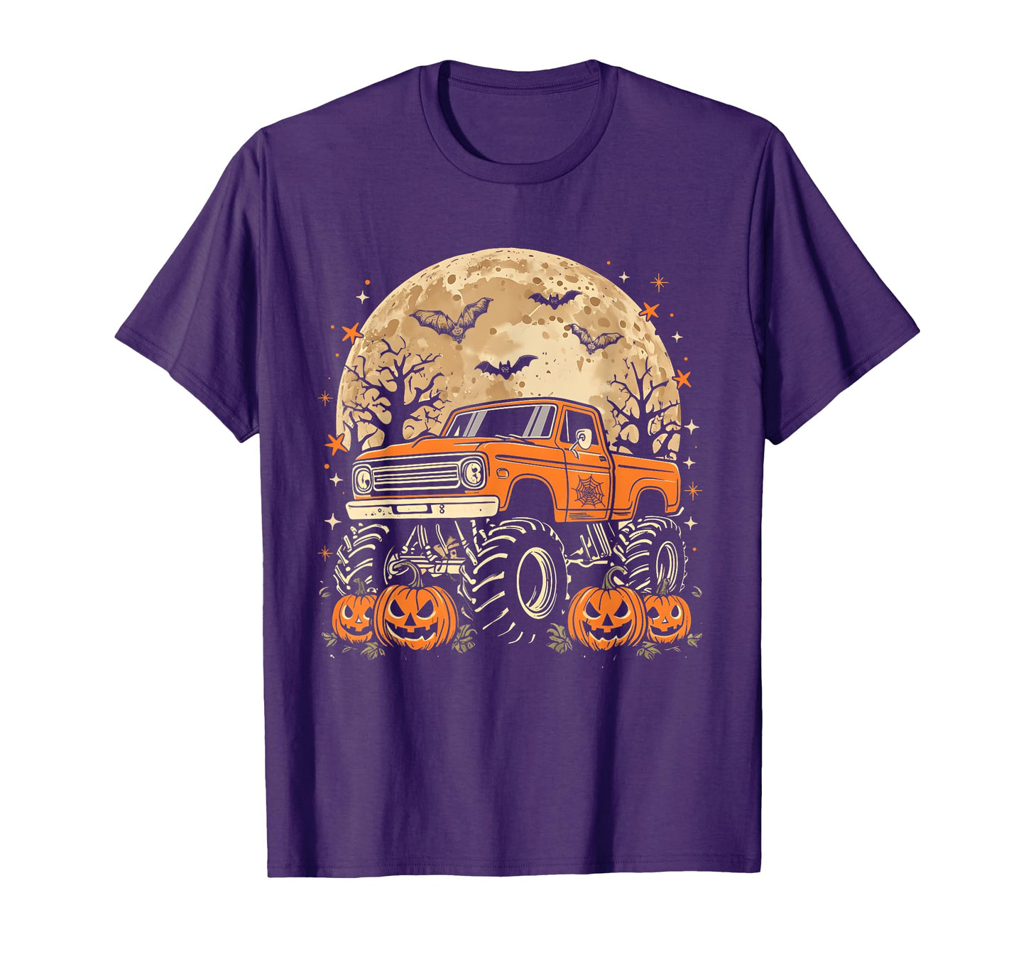 Monster Truck Halloween Jack O Lantern Moon Pumpkin Boy Men T-Shirt