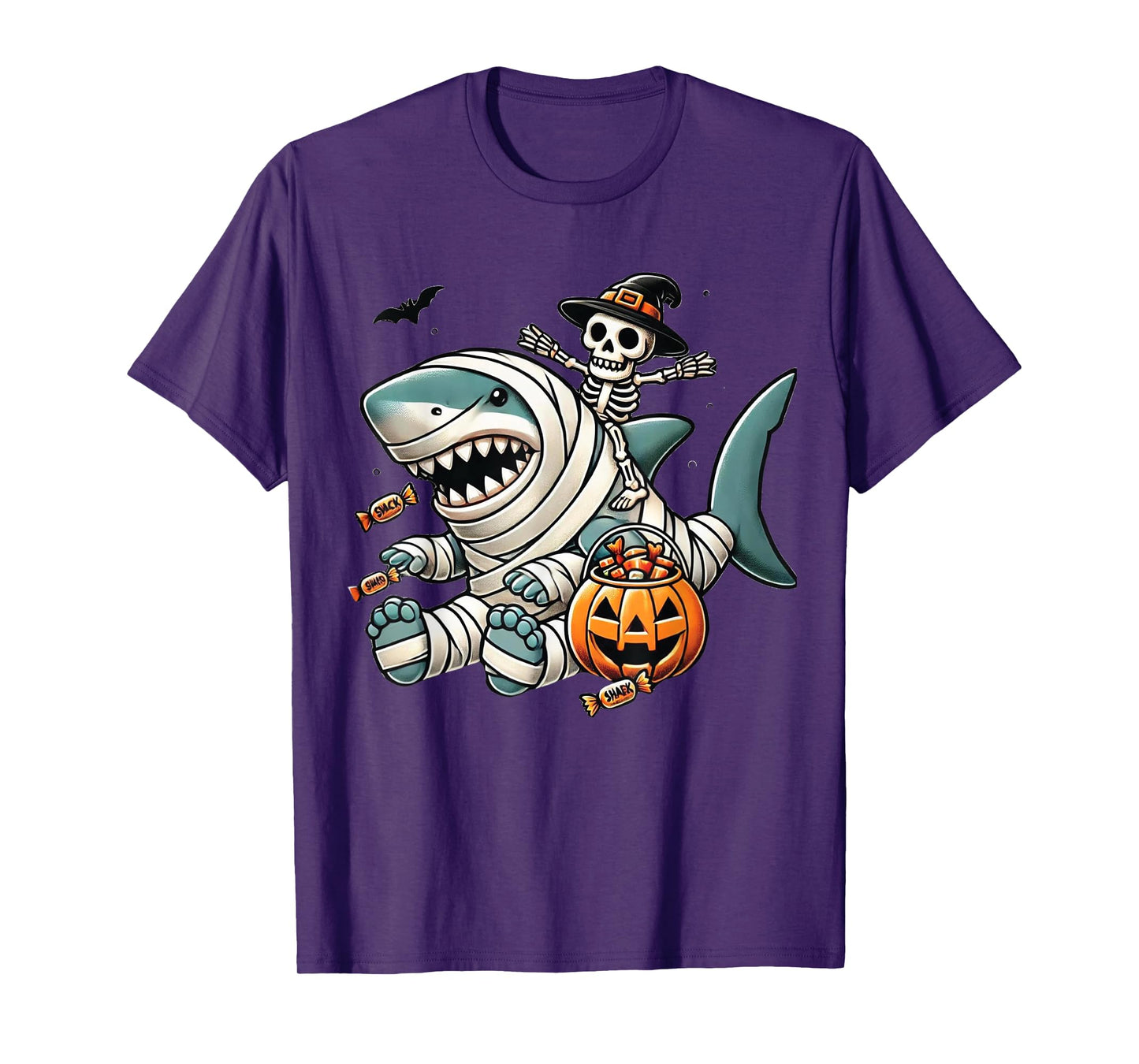 Skeleton Riding Shark Funny Halloween Pumpkin Boys Kids T-Shirt
